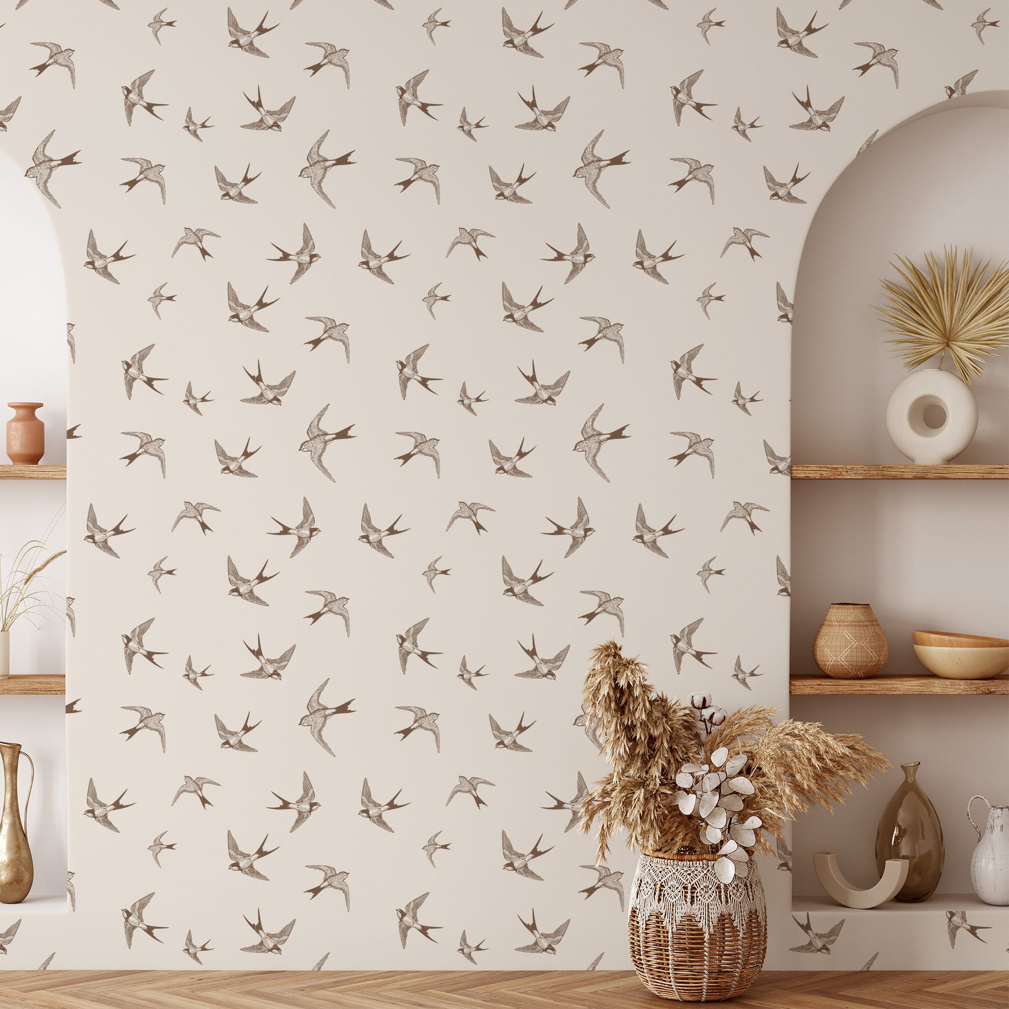 Vintage Minimalist Swallow Bird Peel and Stick Wallpaper, Hand-Drawn Sepia Animal Wall Mural, Neutral Nature Self Adhesive Wallpaper