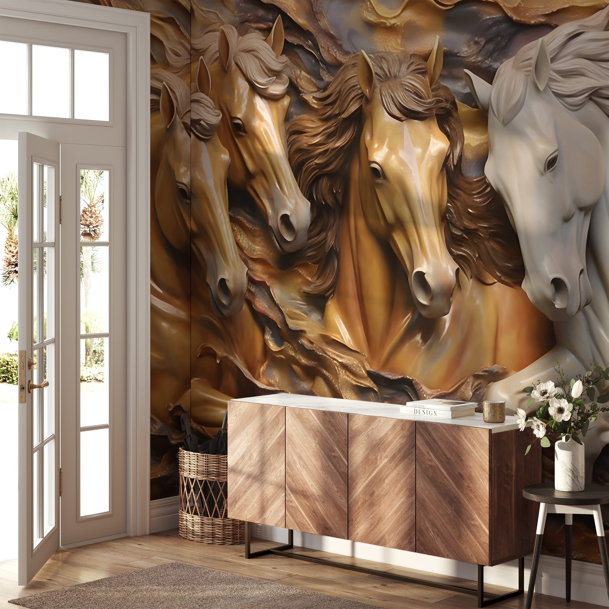 3D Running Horses Peel and Stick Wallpaper, Majestic Animal Sculpture Wall Mural, Gold and Brown Faux Relief Removable Wallpaper