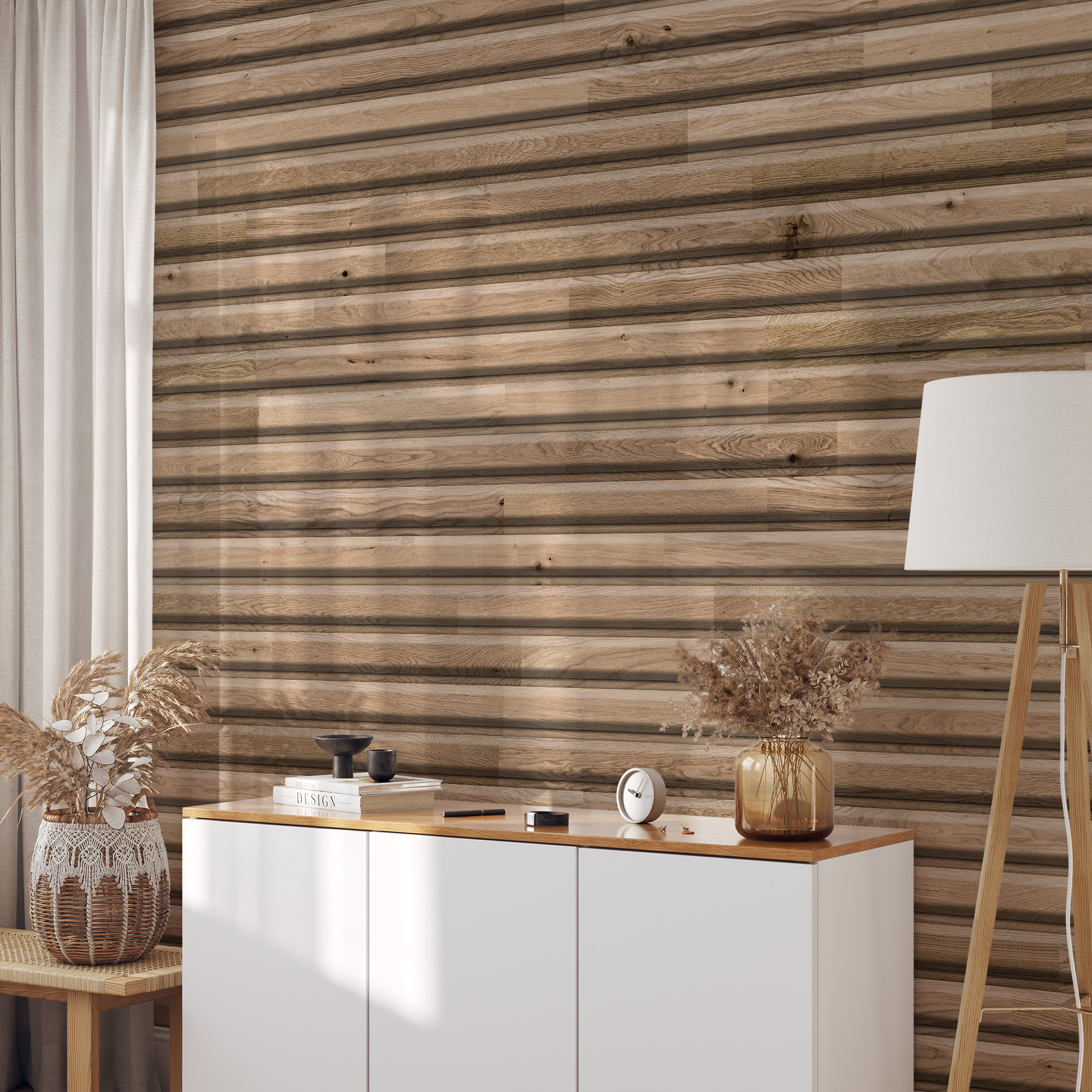 Rustic Horizontal Wood Log Peel and Stick Wallpaper, Natural Timber Faux Texture Wall Mural, Warm Brown Shiplap Removable Wallpaper