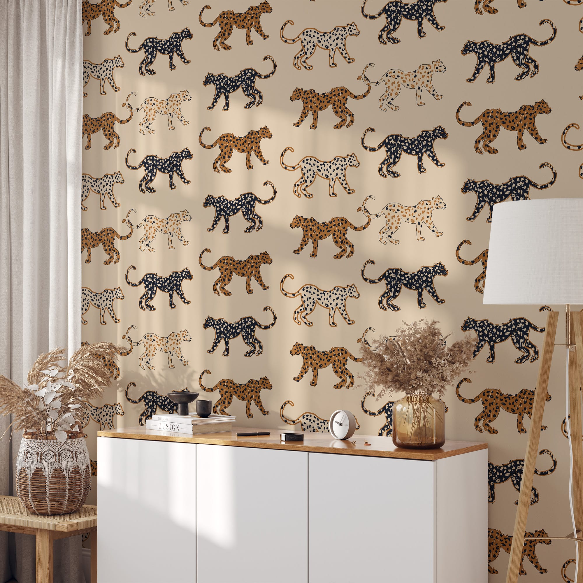 Modern Leopard Print Peel and Stick Wallpaper, Chic Animal Pattern Wall Mural, Neutral Hand-Drawn Wild Cat Removable Wallpaper