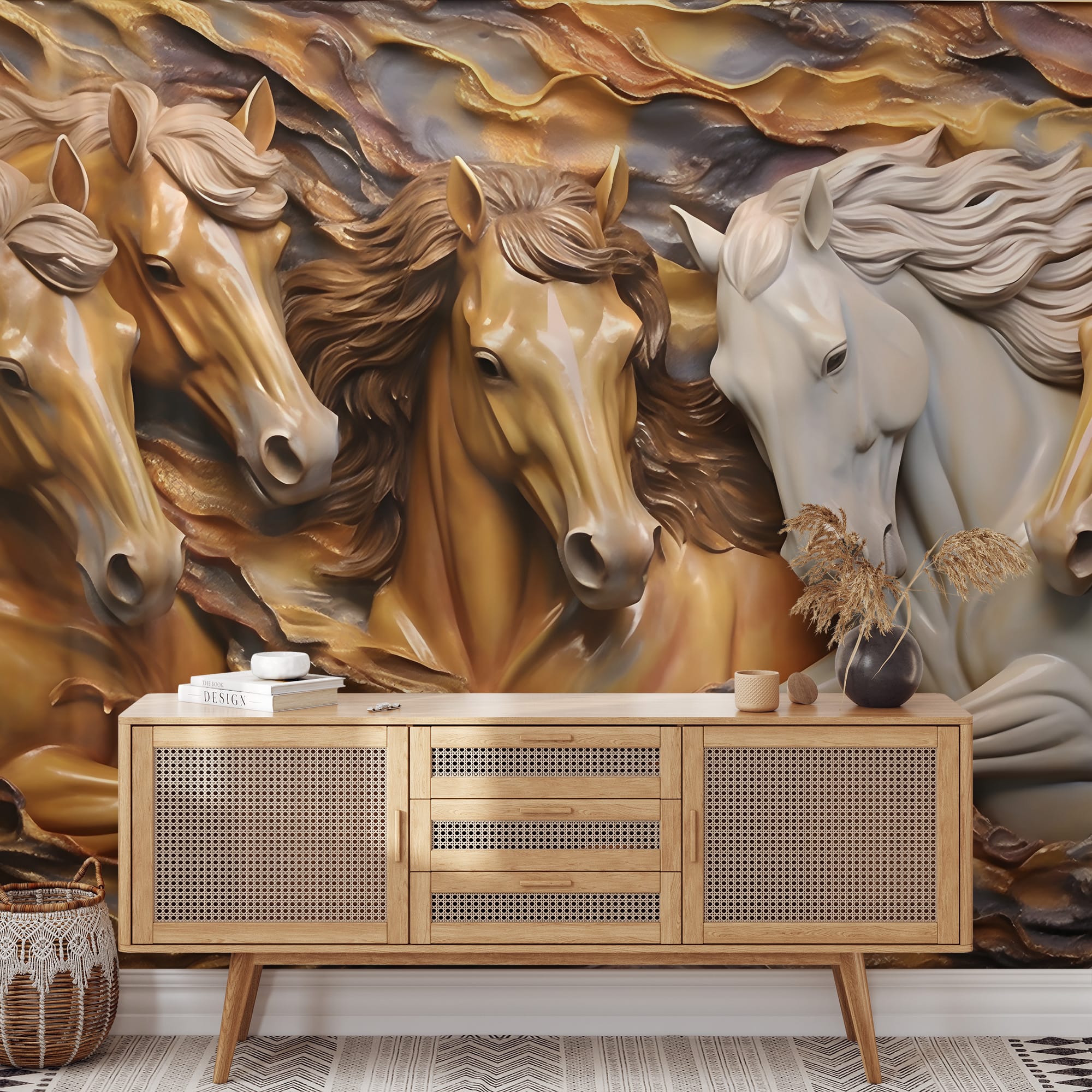 3D Running Horses Peel and Stick Wallpaper, Majestic Animal Sculpture Wall Mural, Gold and Brown Faux Relief Removable Wallpaper