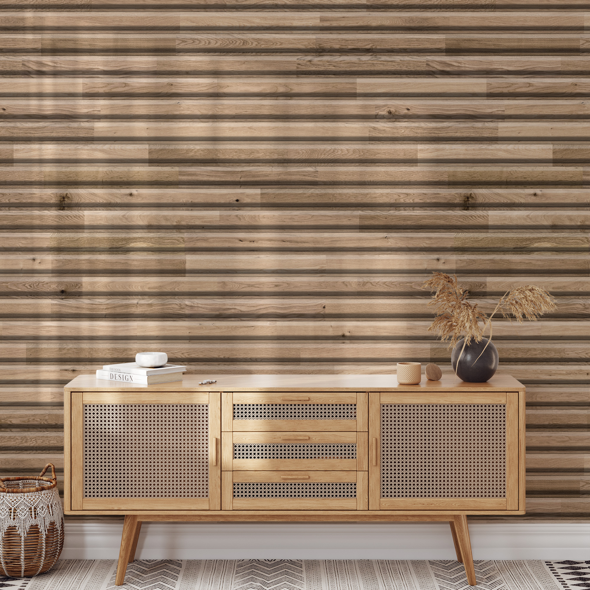 Rustic Horizontal Wood Log Peel and Stick Wallpaper, Natural Timber Faux Texture Wall Mural, Warm Brown Shiplap Removable Wallpaper