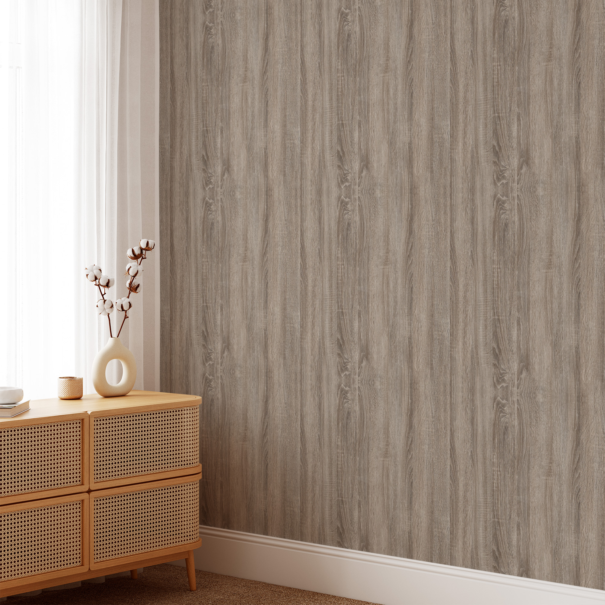 Modern Weathered Oak Vertical Wood Plank Peel and Stick Wallpaper, Light Grey-Brown Driftwood Faux Texture Wall Mural, Coastal Rustic Removable Wallpaper