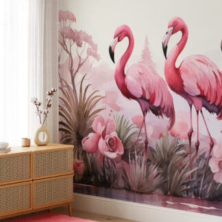Pink Flamingo Tropical Watercolor Peel and Stick Wallpaper, Vibrant Animal Wall Mural, Modern Bathroom Botanical Removable Wallpaper