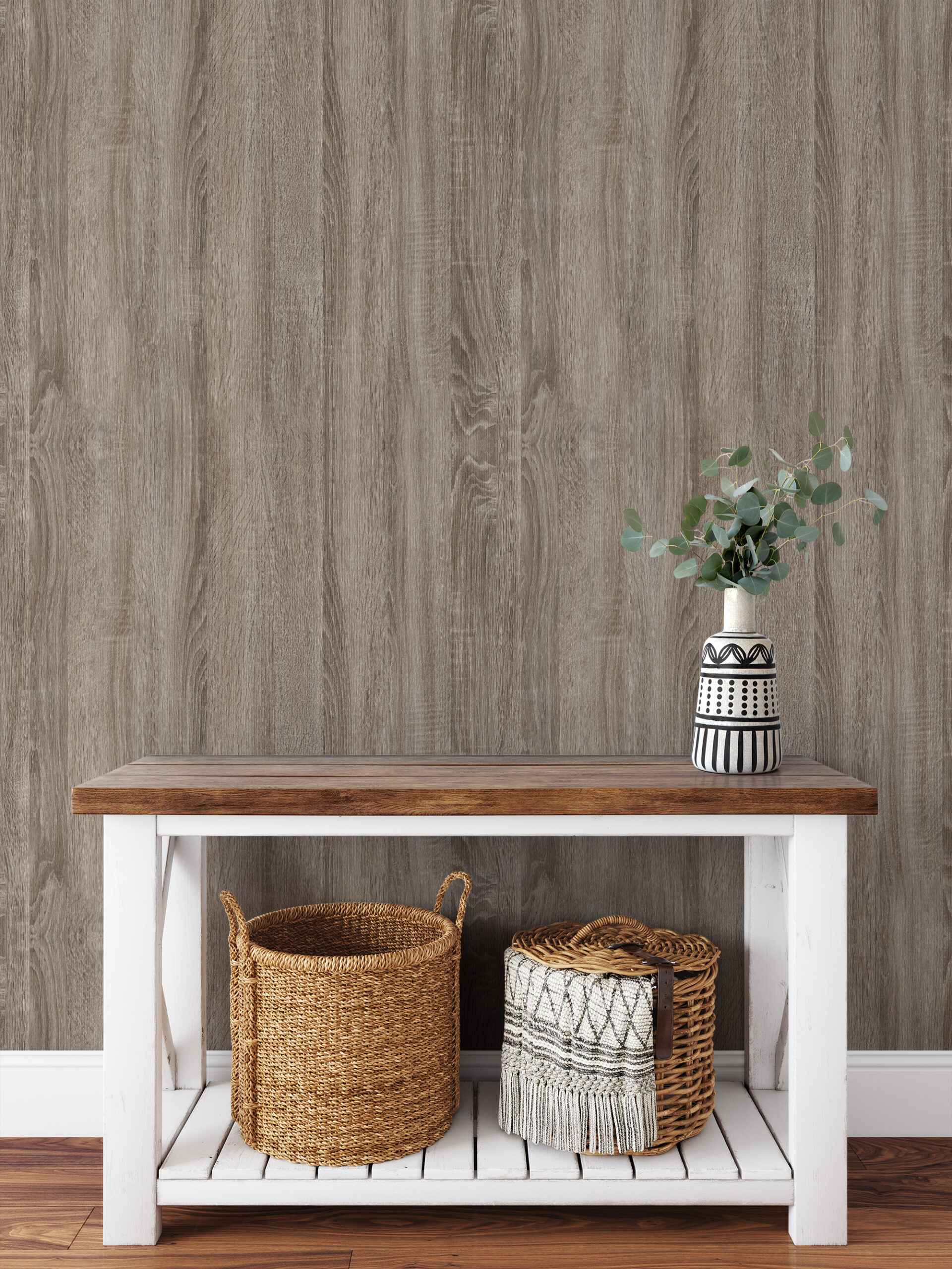 Modern Weathered Oak Vertical Wood Plank Peel and Stick Wallpaper, Light Grey-Brown Driftwood Faux Texture Wall Mural, Coastal Rustic Removable Wallpaper