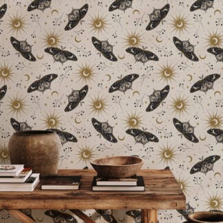 Mystical Celestial Moth Peel and Stick Wallpaper, Antique Gold Sun and Moon Wall Mural, Vintage Occult Nature Removable Wallpaper