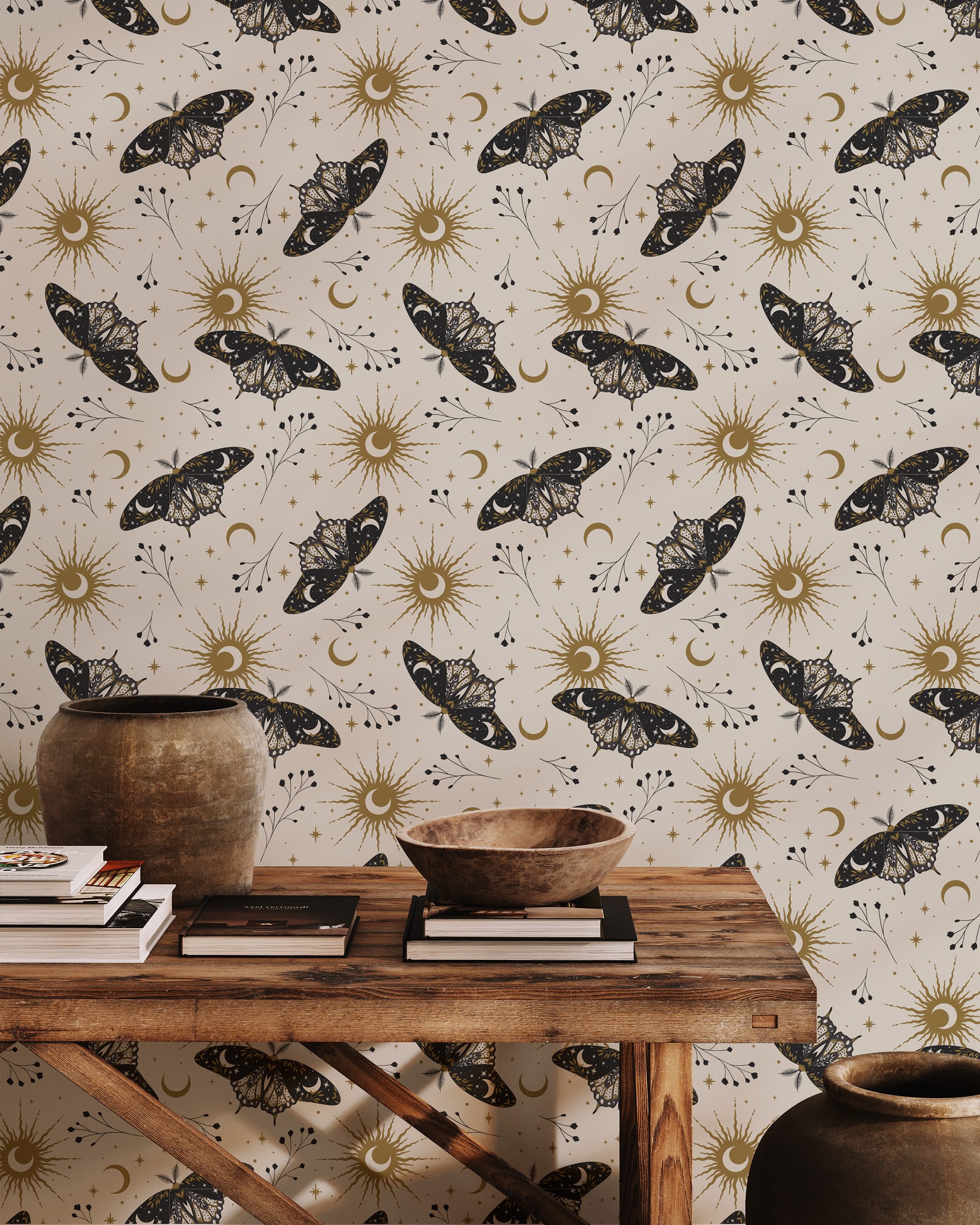 Mystical Celestial Moth Peel and Stick Wallpaper, Antique Gold Sun and Moon Wall Mural, Vintage Occult Nature Removable Wallpaper