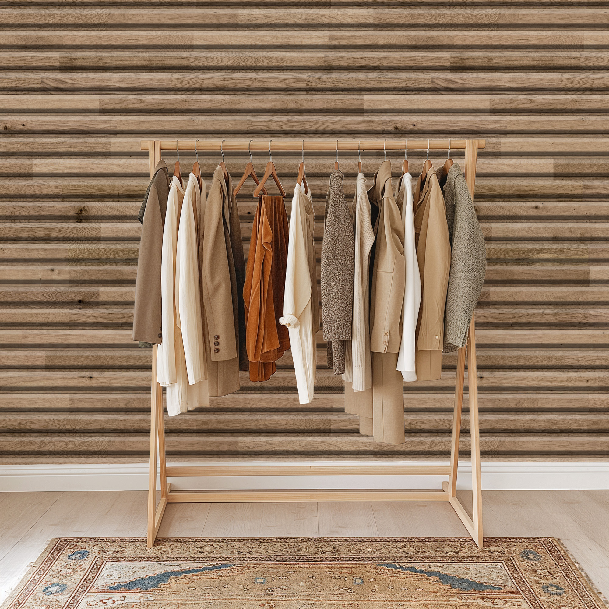 Rustic Horizontal Wood Log Peel and Stick Wallpaper, Natural Timber Faux Texture Wall Mural, Warm Brown Shiplap Removable Wallpaper