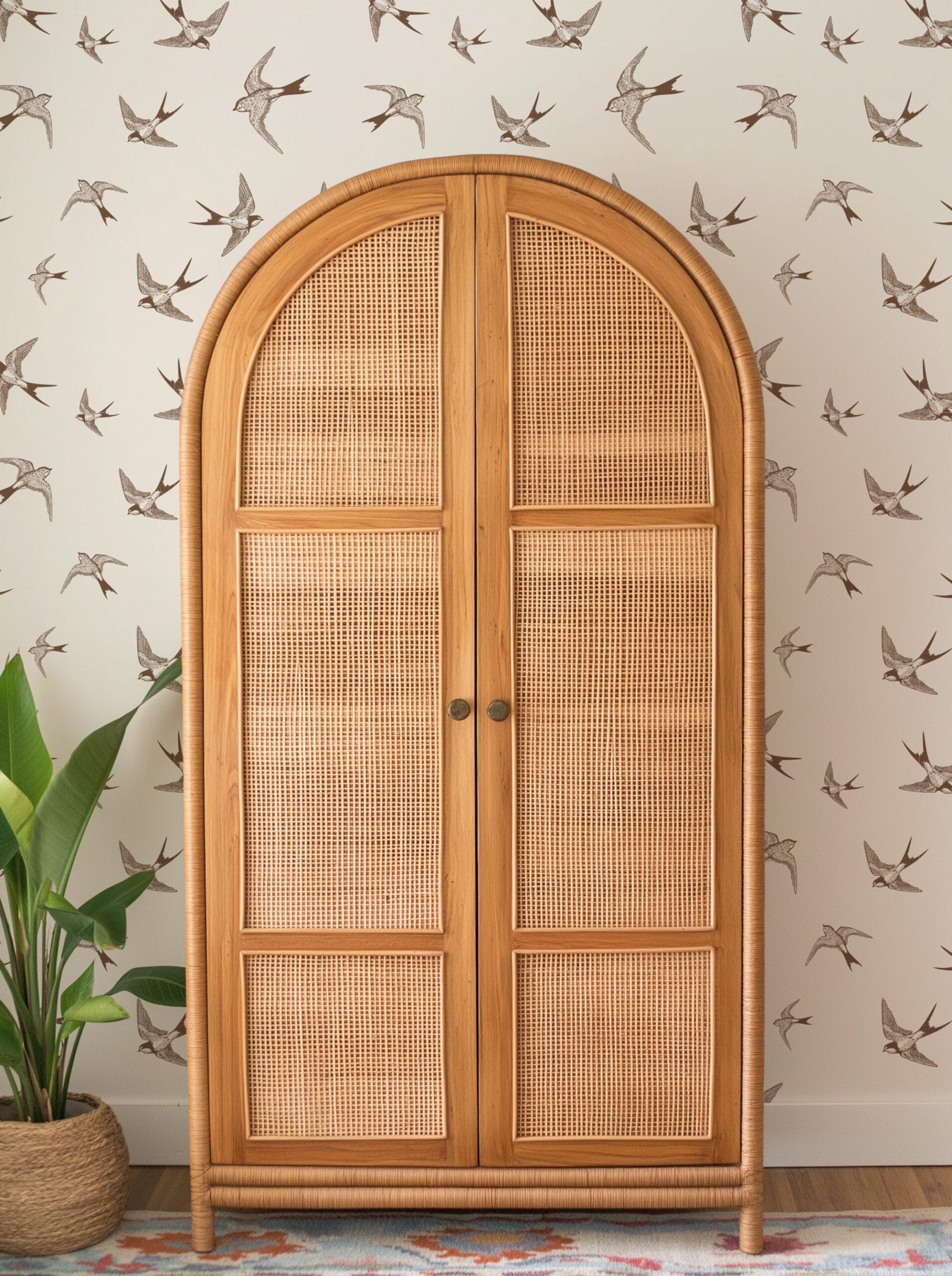 Vintage Minimalist Swallow Bird Peel and Stick Wallpaper, Hand-Drawn Sepia Animal Wall Mural, Neutral Nature Self Adhesive Wallpaper