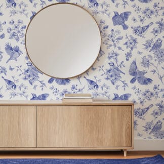 Blue and White Vintage Bird Peel and Stick Wallpaper, Floral Line Art Wall Mural, Elegant Chinoiserie Style Removable Wallpaper