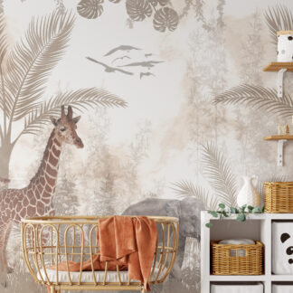 Neutral Safari Animals Nursery Peel and Stick Wallpaper, Large Giraffe and Elephant Wall Mural, Soft Sepia Tropical Kids Room Removable Wallpaper