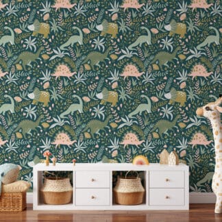 Cute Dinosaur Forest Nursery Peel and Stick Wallpaper, Colorful Prehistoric Animal Wall Mural, Botanical Dino Kids Room Removable Wallpaper