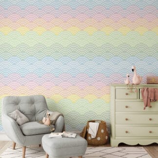 Pastel Rainbow Scallop Peel and Stick Wallpaper, Colorful Wave Pattern Wall Mural, Modern Japanese Seigaiha Removable Wallpaper