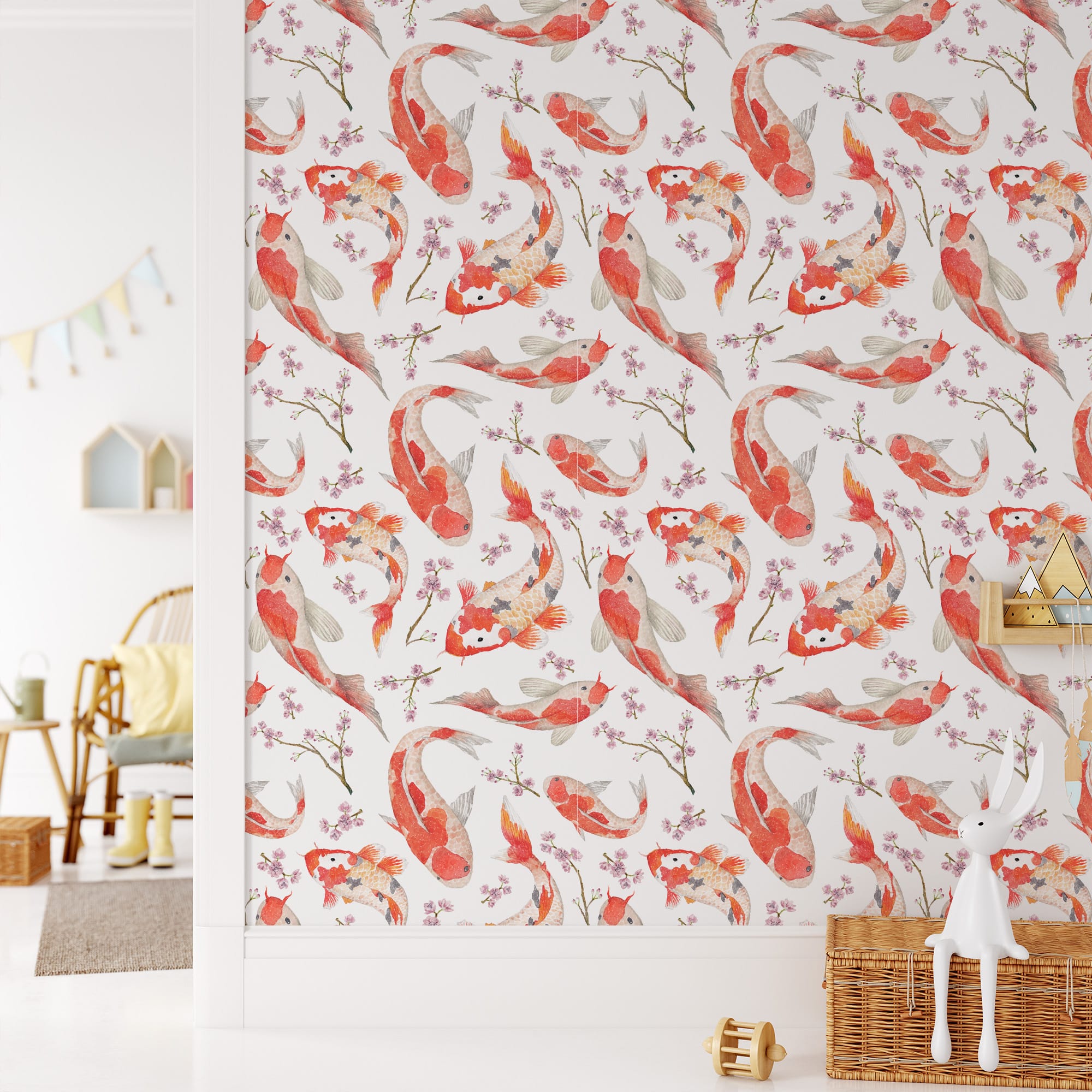 Japanese Watercolor Koi Fish Peel and Stick Wallpaper, Cherry Blossom Floral Wall Mural, Zen Nature Inspired Removable Wallpaper