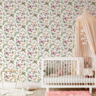 Pastel Butterfly Meadow Peel and Stick Wallpaper, Vintage Style Soft Pink and Green Wall Mural, Nature Inspired Removable Wallpaper