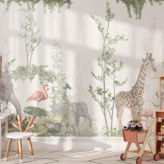 Enchanted Safari Jungle Peel and Stick Wallpaper, Soft Watercolor Elephant and Giraffe Mural, Whimsical Flamingo Nursery Removable Wallpaper