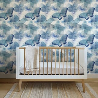Blue Watercolor Butterfly Peel and Stick Wallpaper, Whimsical Nature Wall Mural, Modern Kids Room Removable Wallpaper