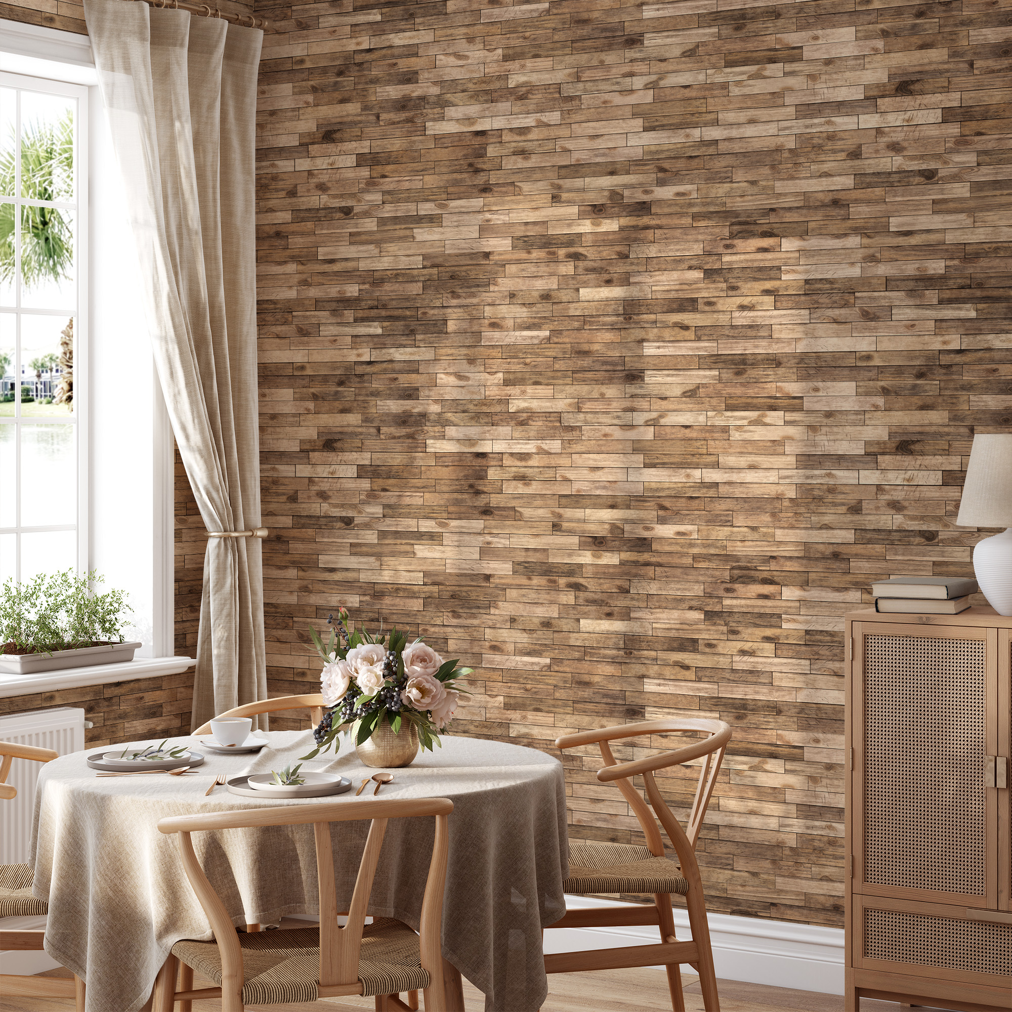 Rustic Distressed Wood Plank Peel and Stick Wallpaper, Faux Natural Timber Wall Mural, Vintage Brown Textured Removable Wallpaper