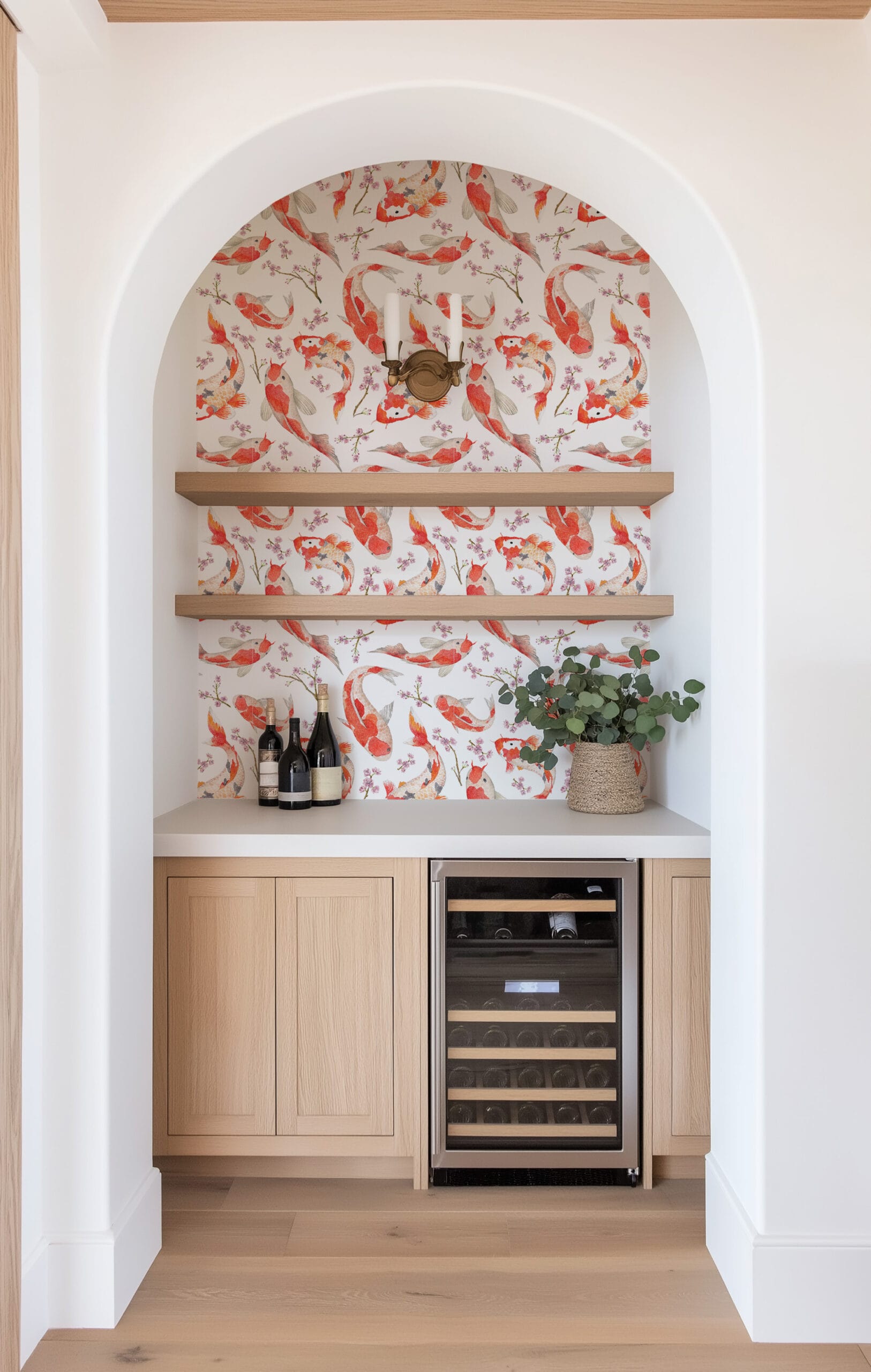 Japanese Watercolor Koi Fish Peel and Stick Wallpaper, Cherry Blossom Floral Wall Mural, Zen Nature Inspired Removable Wallpaper