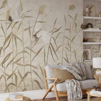 Vintage Elegant Crane and Reed Peel and Stick Wallpaper, Neutral Japanese Style Bird Wall Mural, Sophisticated Nature Removable Wallpaper