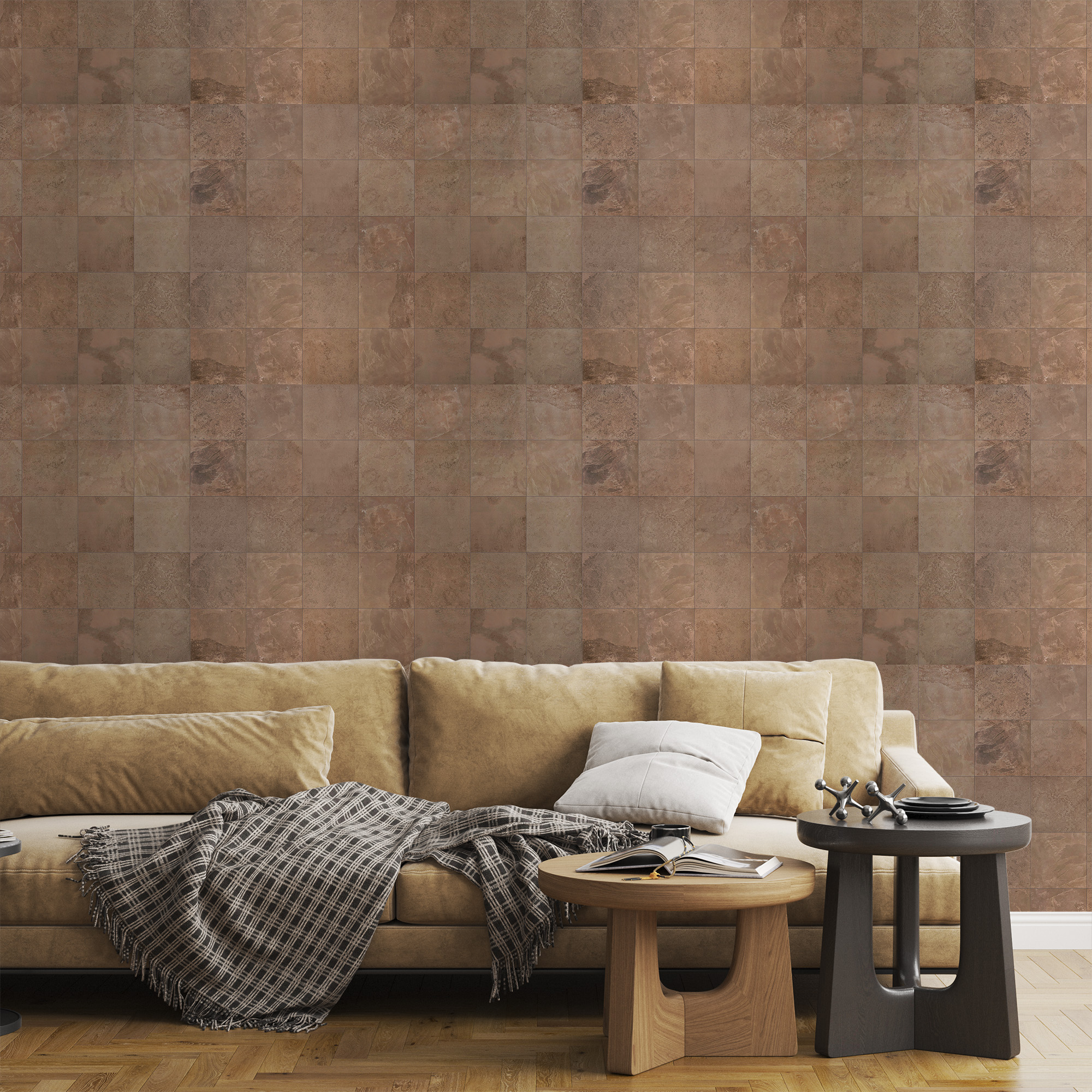 Rustic Terracotta Stone Tile Peel and Stick Wallpaper, Earthy Travertine Faux Texture Wall Mural, Natural Warm Neutral Removable Wallpaper