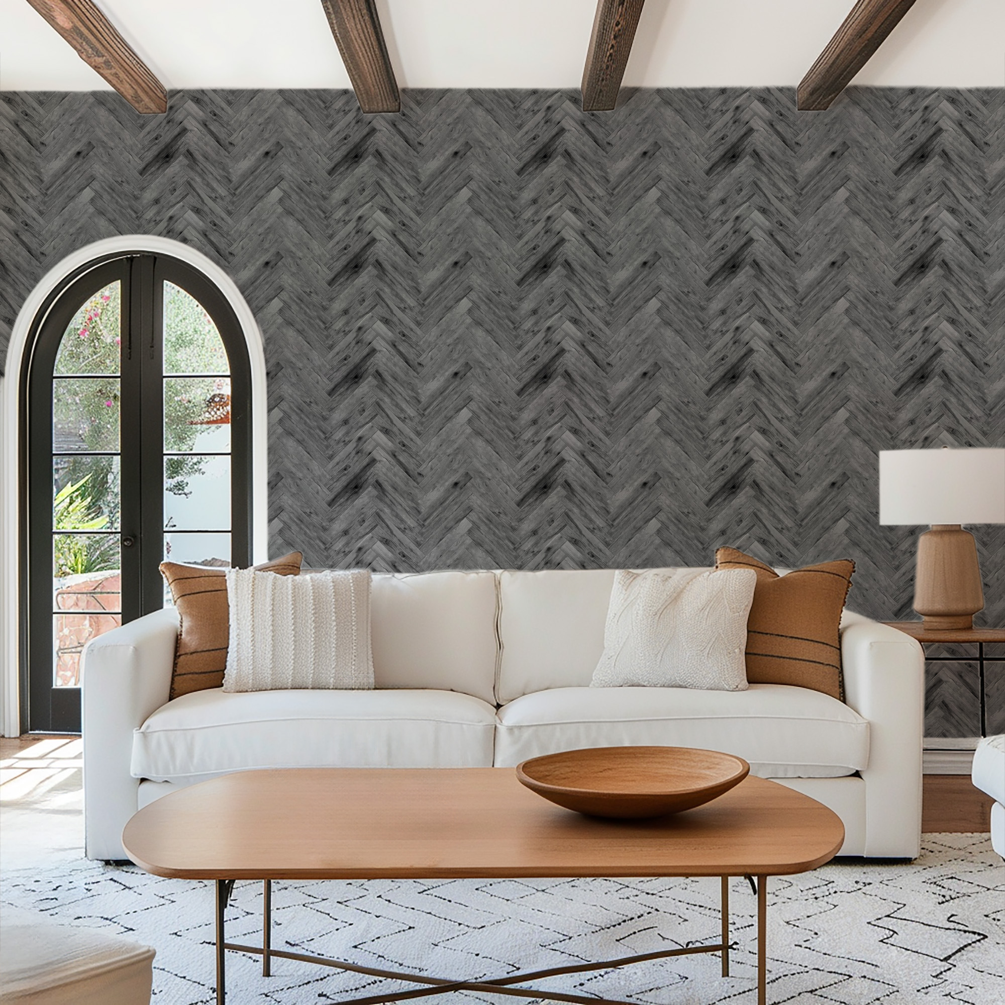 Modern Grey Herringbone Wood Peel and Stick Wallpaper, Charcoal Faux Texture Wall Mural, Rustic Industrial Removable Wallpaper