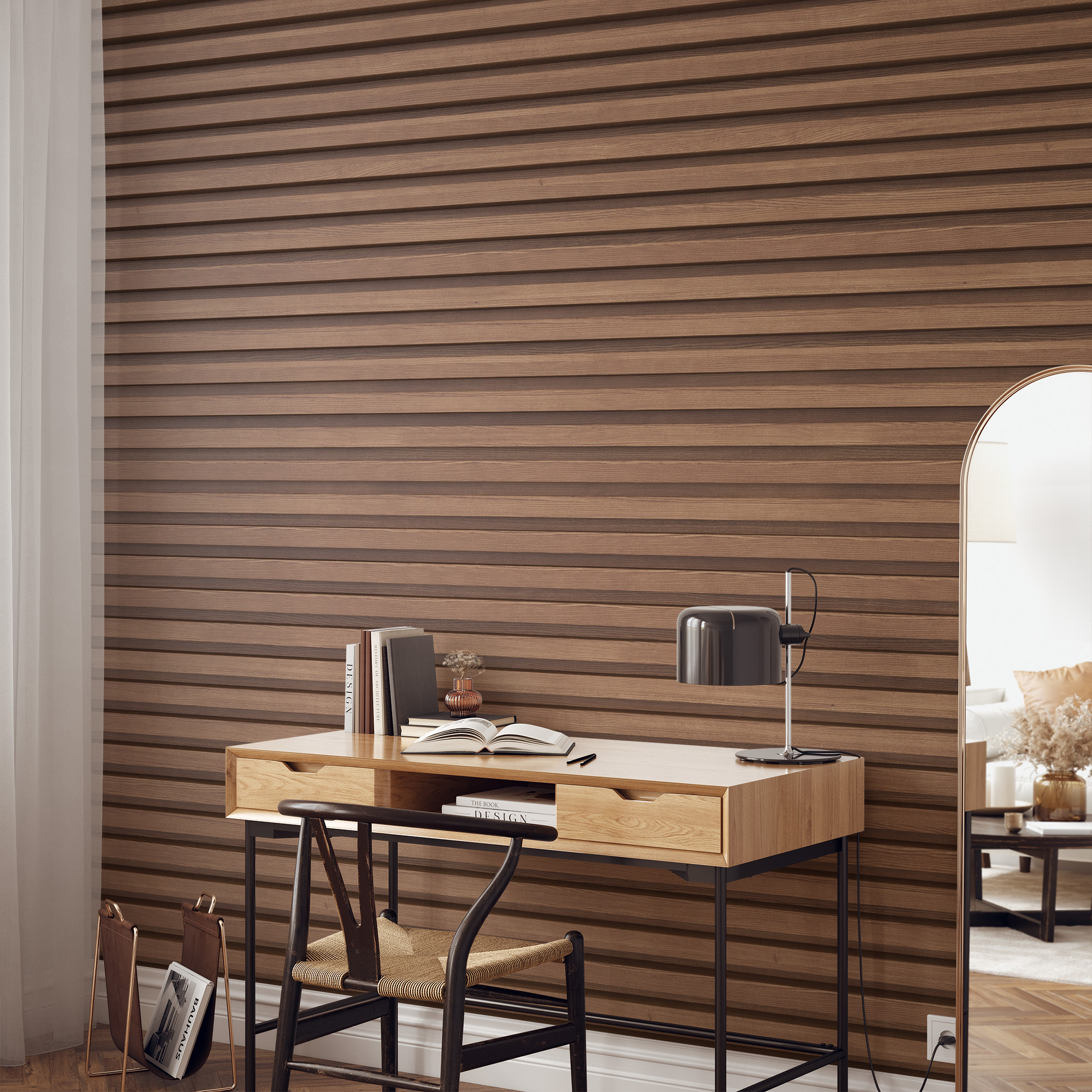 Modern Dark Walnut Horizontal Wood Slat Peel and Stick Wallpaper, Faux Timber Paneling Wall Mural, Rustic Industrial Removable Wallpaper