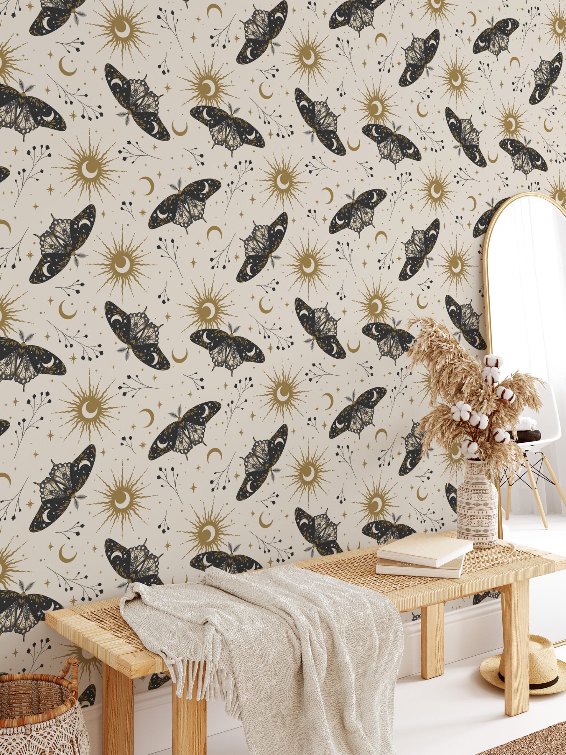 Mystical Celestial Moth Peel and Stick Wallpaper, Antique Gold Sun and Moon Wall Mural, Vintage Occult Nature Removable Wallpaper