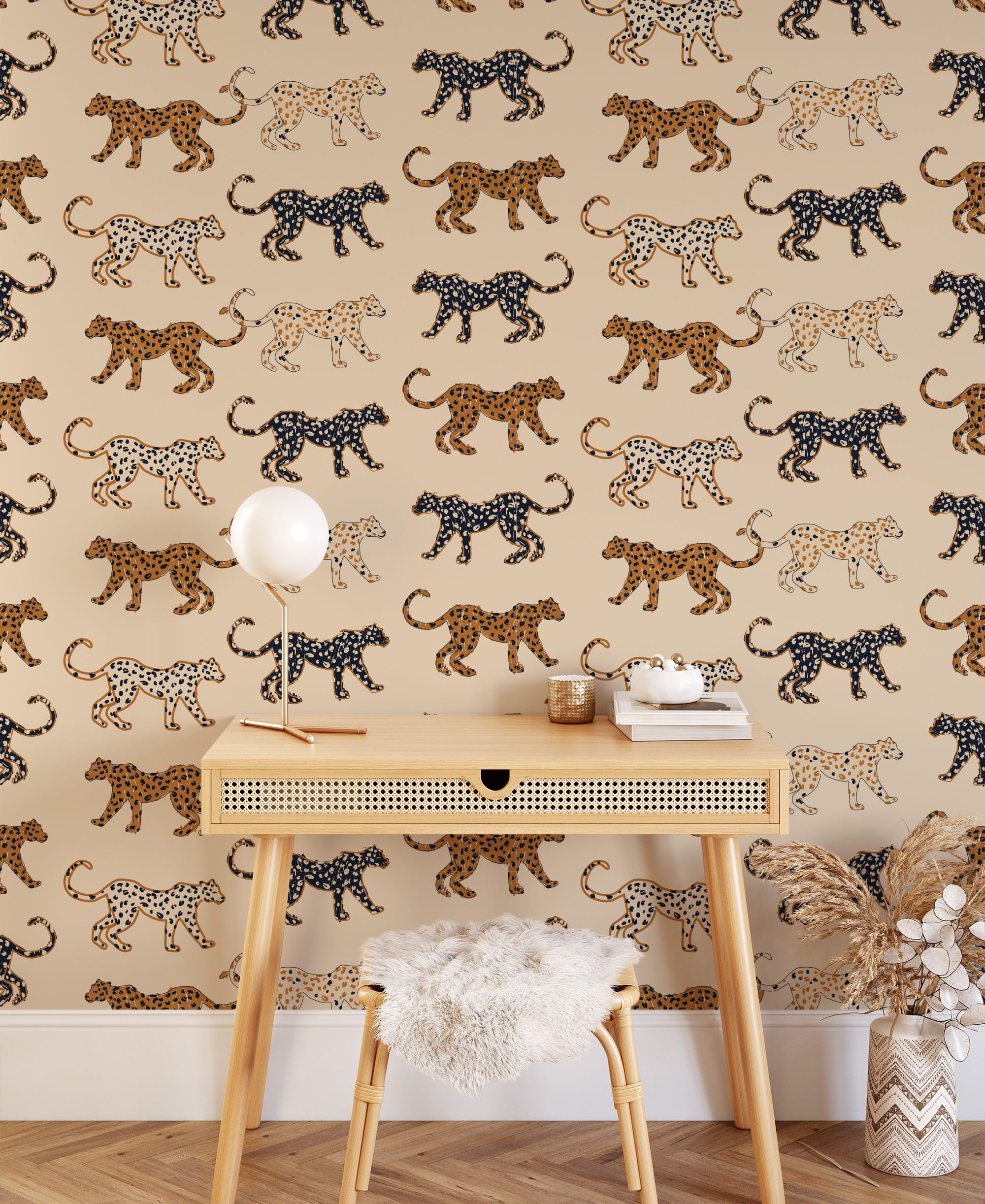 Modern Leopard Print Peel and Stick Wallpaper, Chic Animal Pattern Wall Mural, Neutral Hand-Drawn Wild Cat Removable Wallpaper