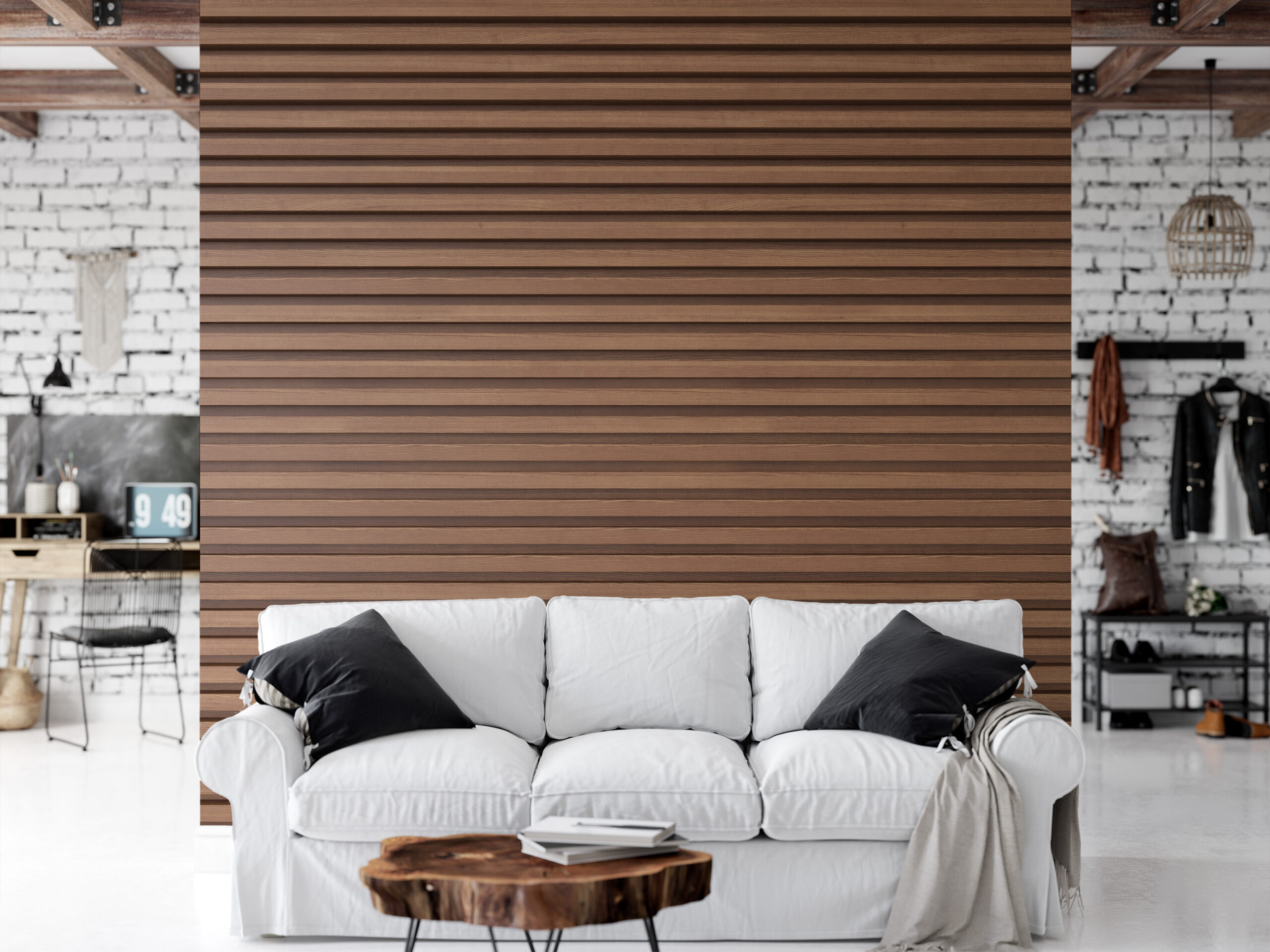 Modern Dark Walnut Horizontal Wood Slat Peel and Stick Wallpaper, Faux Timber Paneling Wall Mural, Rustic Industrial Removable Wallpaper