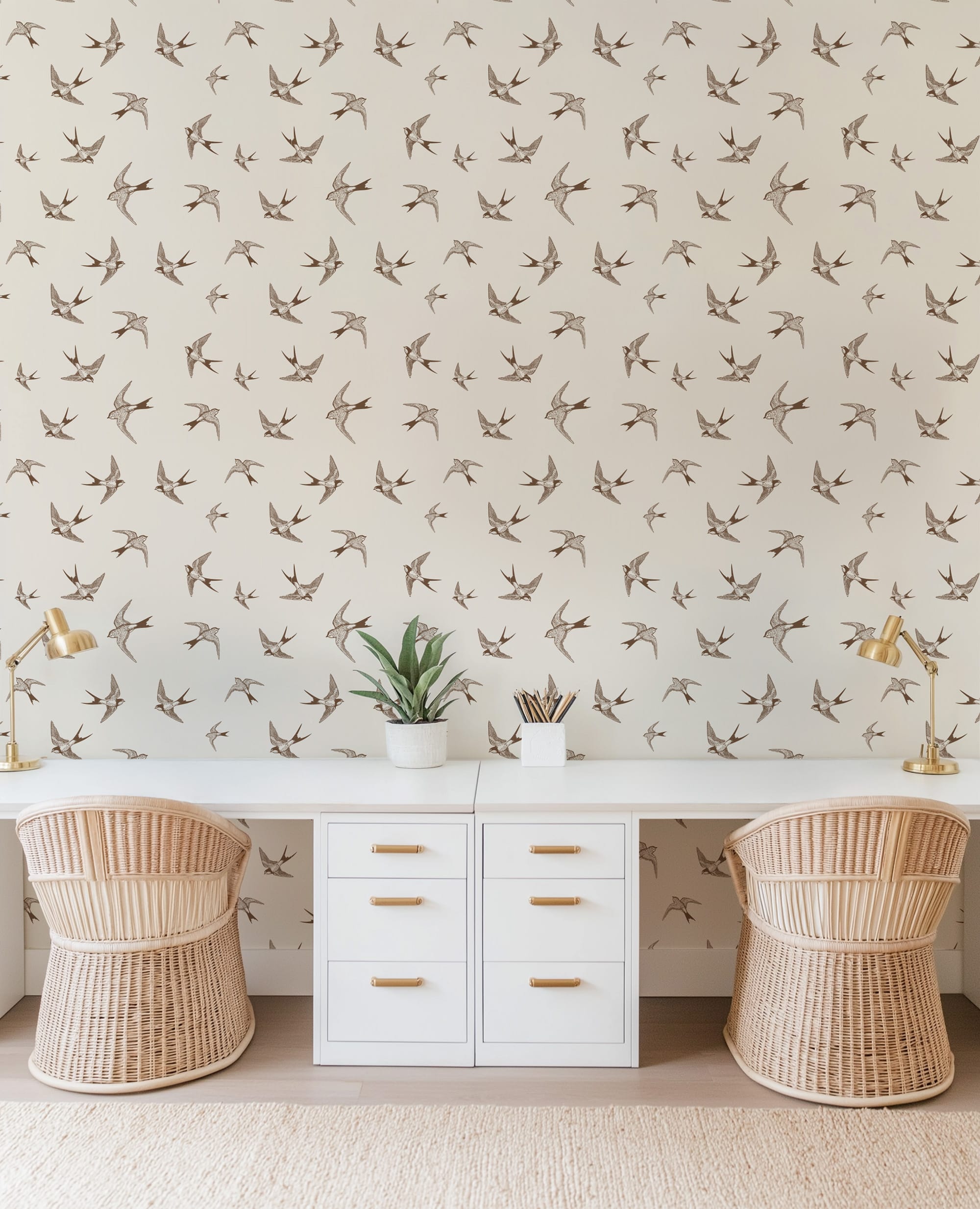 Vintage Minimalist Swallow Bird Peel and Stick Wallpaper, Hand-Drawn Sepia Animal Wall Mural, Neutral Nature Self Adhesive Wallpaper