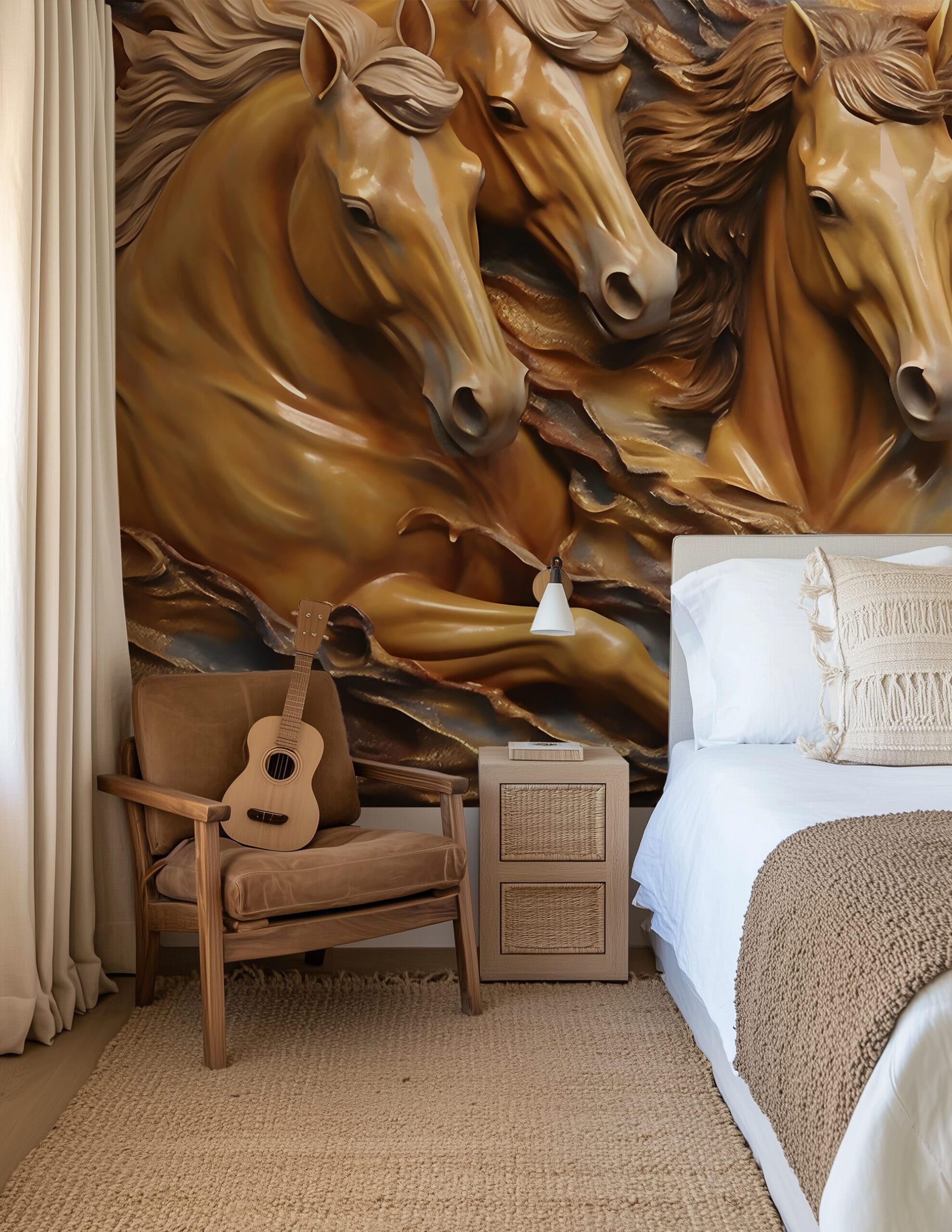 3D Running Horses Peel and Stick Wallpaper, Majestic Animal Sculpture Wall Mural, Gold and Brown Faux Relief Removable Wallpaper