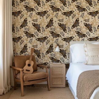 Mystical Celestial Moth Peel and Stick Wallpaper, Antique Gold Sun and Moon Wall Mural, Vintage Occult Nature Removable Wallpaper