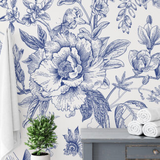 Blue and White Peony and Butterfly Peel and Stick Wallpaper, Vintage Botanical Line Art Wall Mural, Coastal Blue Floral Sketch Decor