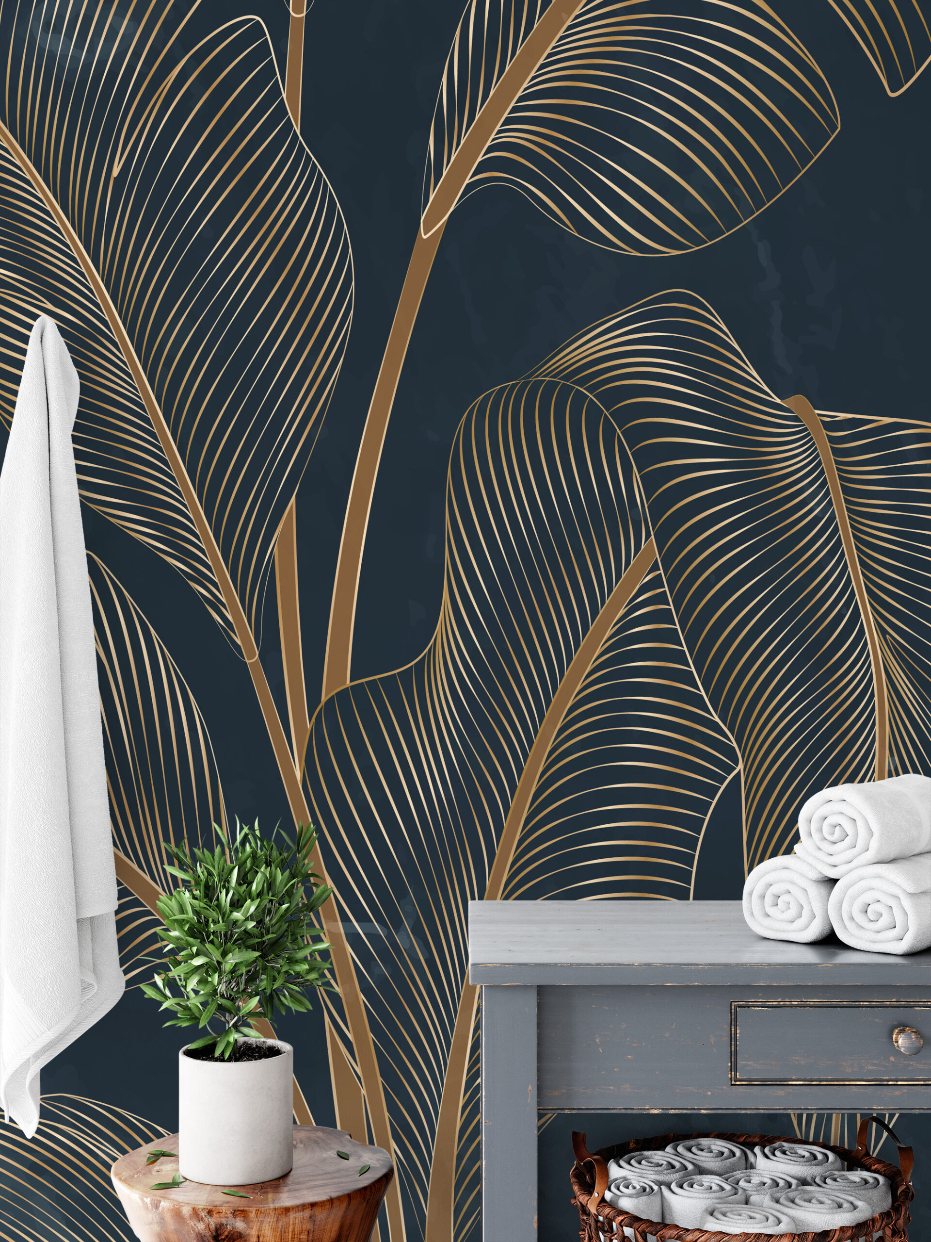 Luxury Gold Tropical Leaf Line Art Peel and Stick Wallpaper, Modern Navy Blue Botanical Wall Mural