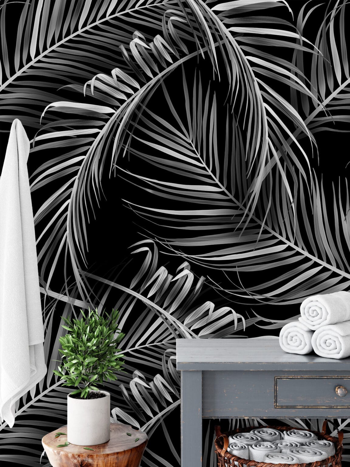 Modern Black and White Palm Leaf Peel and Stick Wallpaper, Large Scale ...