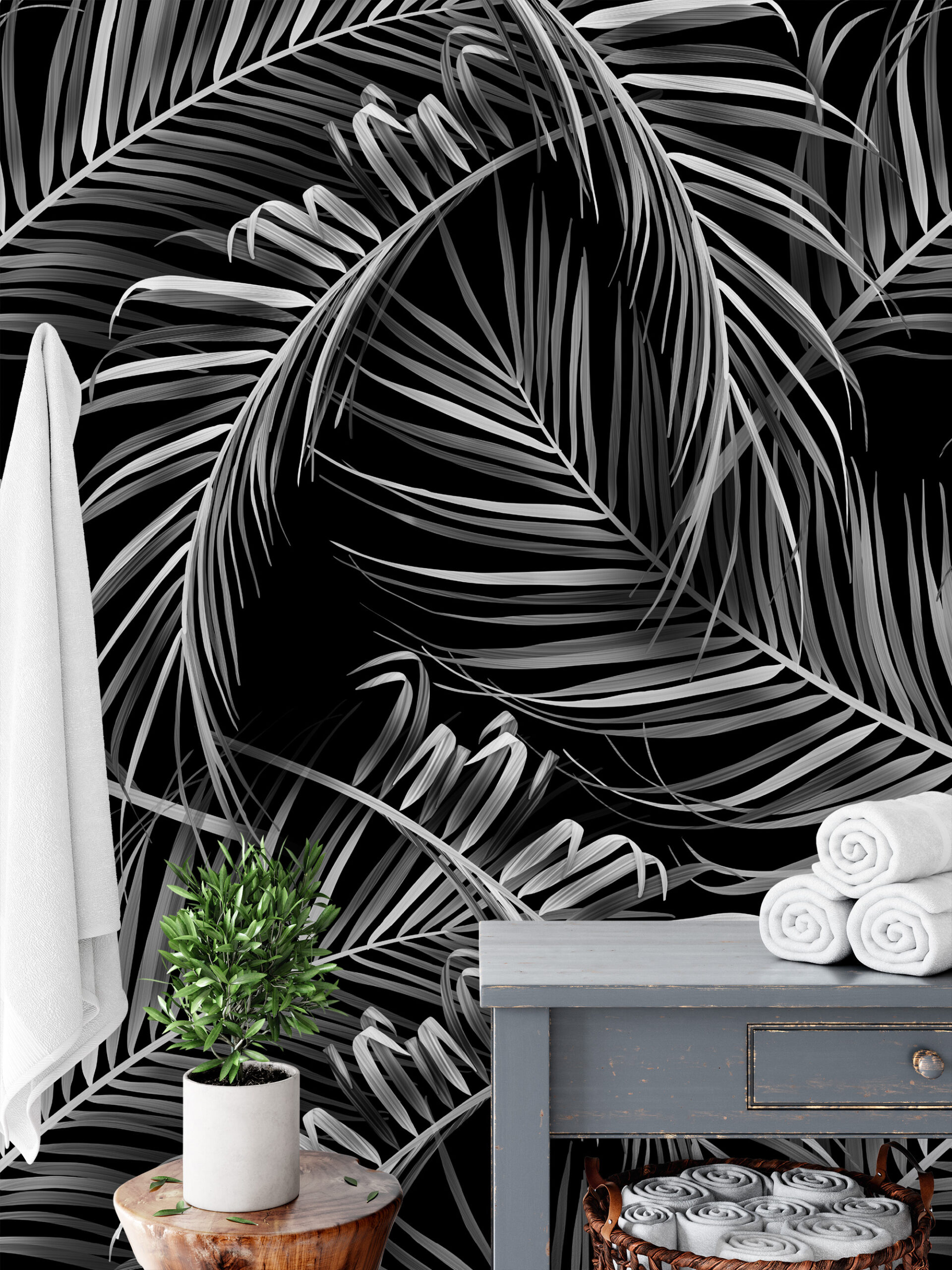 Modern Black and White Palm Leaf Peel and Stick Wallpaper, Large Scale Tropical Botanical Bathroom Wall Mural