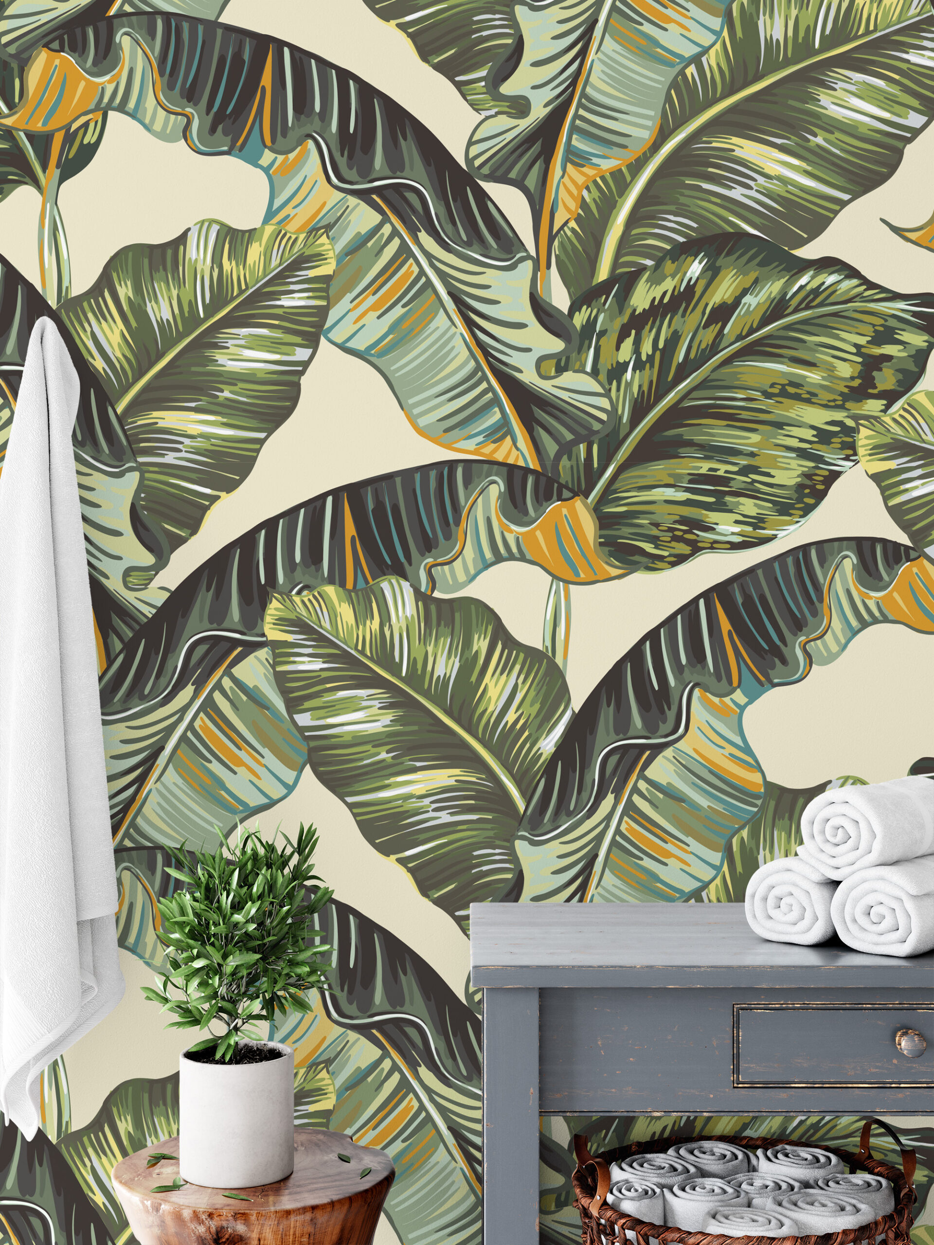 Modern Colorful Banana Leaf Peel and Stick Wallpaper, Bold Tropical Botanical Bathroom Wall Mural