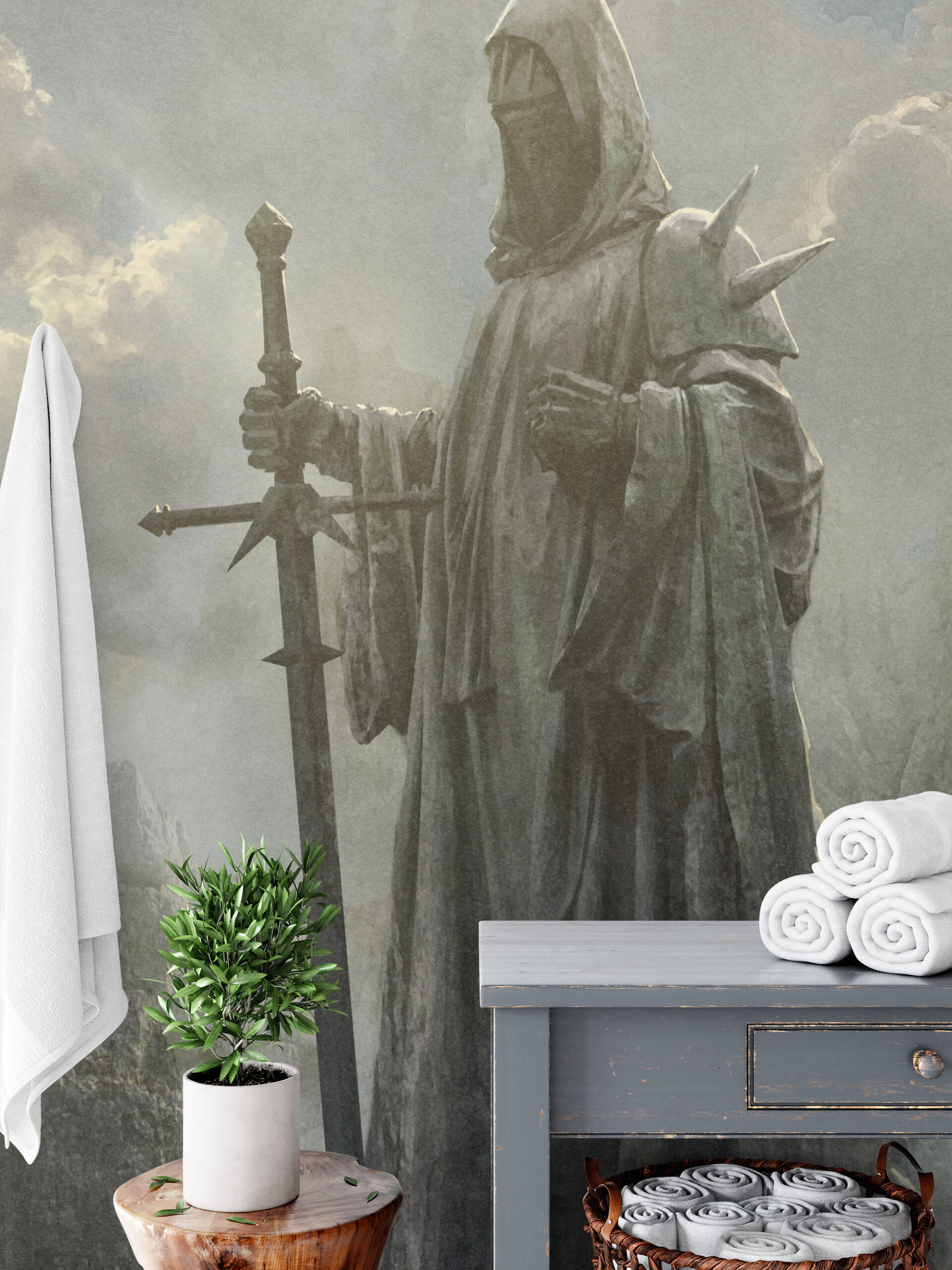 Modern Epic Fantasy Knight and Mountain Peel and Stick Wallpaper, Dramatic Adventure Bedroom Wall Mural