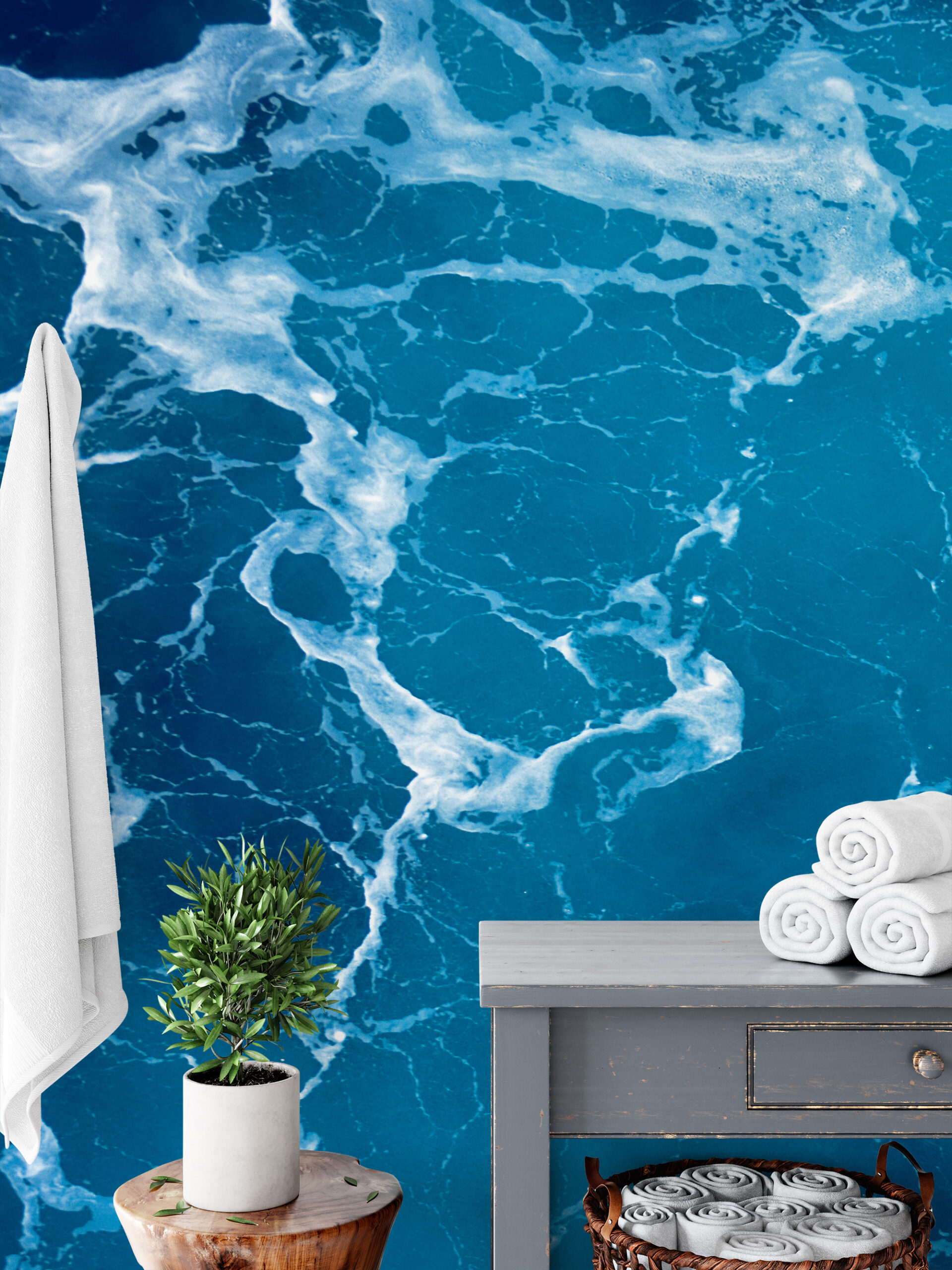 Modern Deep Blue Ocean Splash Peel and Stick Wallpaper, Nautical Sea Foam Bathroom Wall Mural