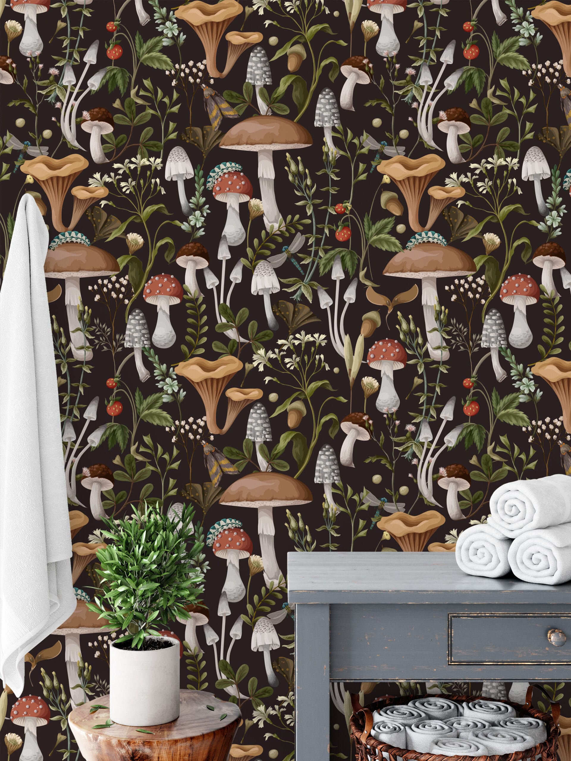 Moody Mushroom and Forest Floor Peel and Stick Wallpaper, Dark Botanical Illustration Wall Mural, Vintage Fungi and Insect Decor
