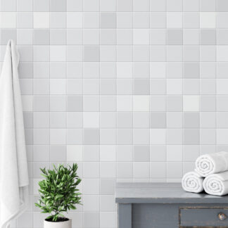 Minimalist White and Grey Mosaic Tile Peel and Stick Wallpaper, Modern Grid Pattern Wall Mural, Clean Scandinavian Bathroom Decor