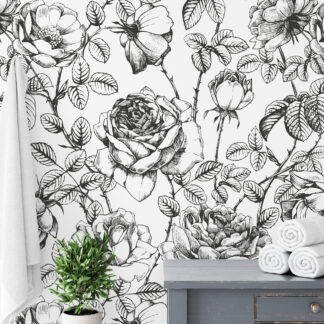 Black and White Rose Line Art Peel and Stick Wallpaper, Minimalist Floral Sketch Wall Mural, Vintage Monochrome Flower Decor
