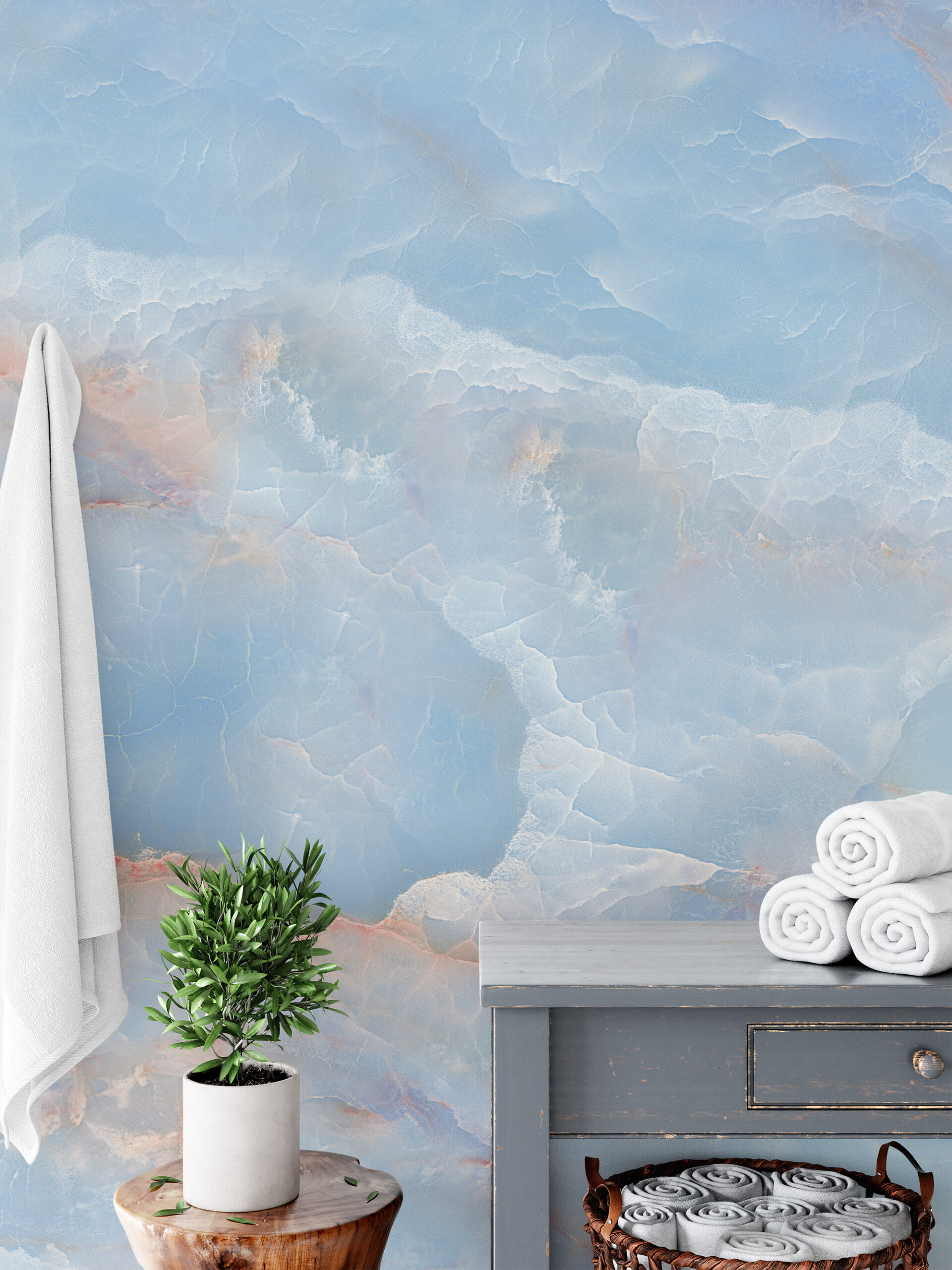 Luxury Blue Onyx Marble Peel and Stick Wallpaper, Abstract Azure Stone Wall Mural, Heavenly Blue and Copper Interior Decor