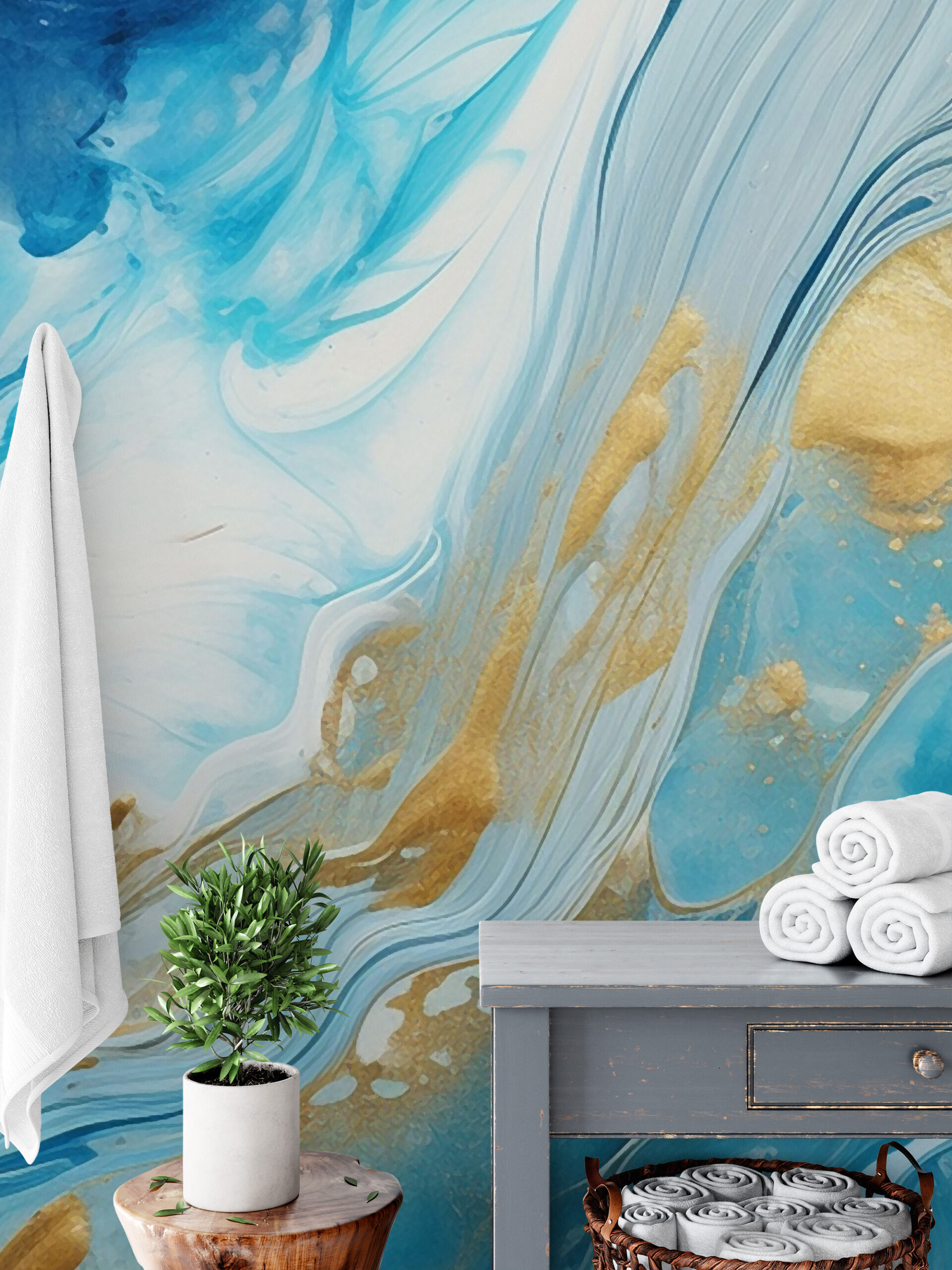Luxury Azure and Gold Fluid Ink Peel and Stick Wallpaper, Abstract Ocean Blue Wall Mural, Modern Artistic Interior