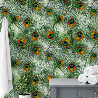 Vibrant Peacock Feather Peel and Stick Wallpaper, Bold Green Exotic Nature Wall Mural, Maximalist Bathroom Decor