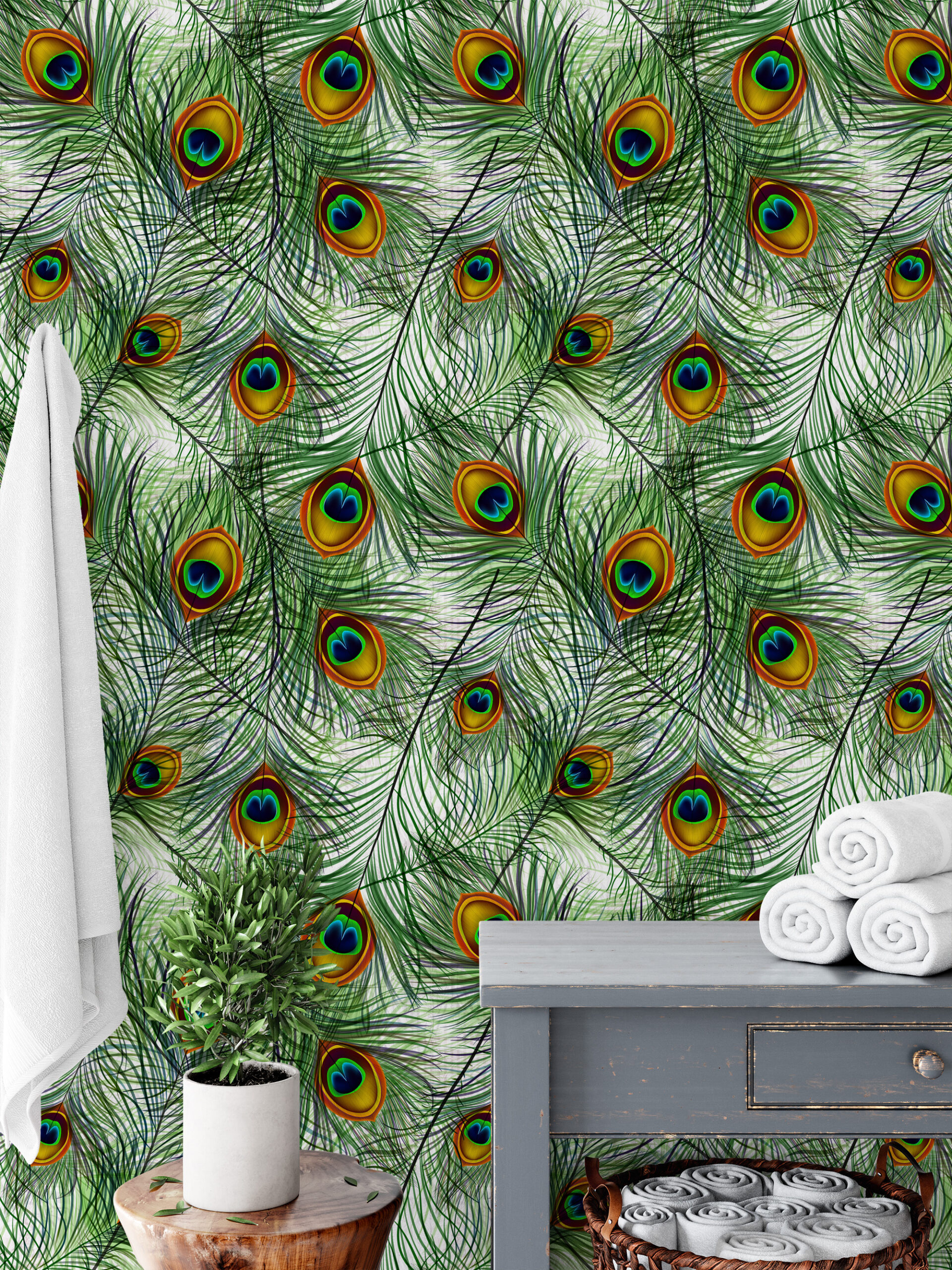 Vibrant Peacock Feather Peel and Stick Wallpaper, Bold Green Exotic Nature Wall Mural, Maximalist Bathroom Decor