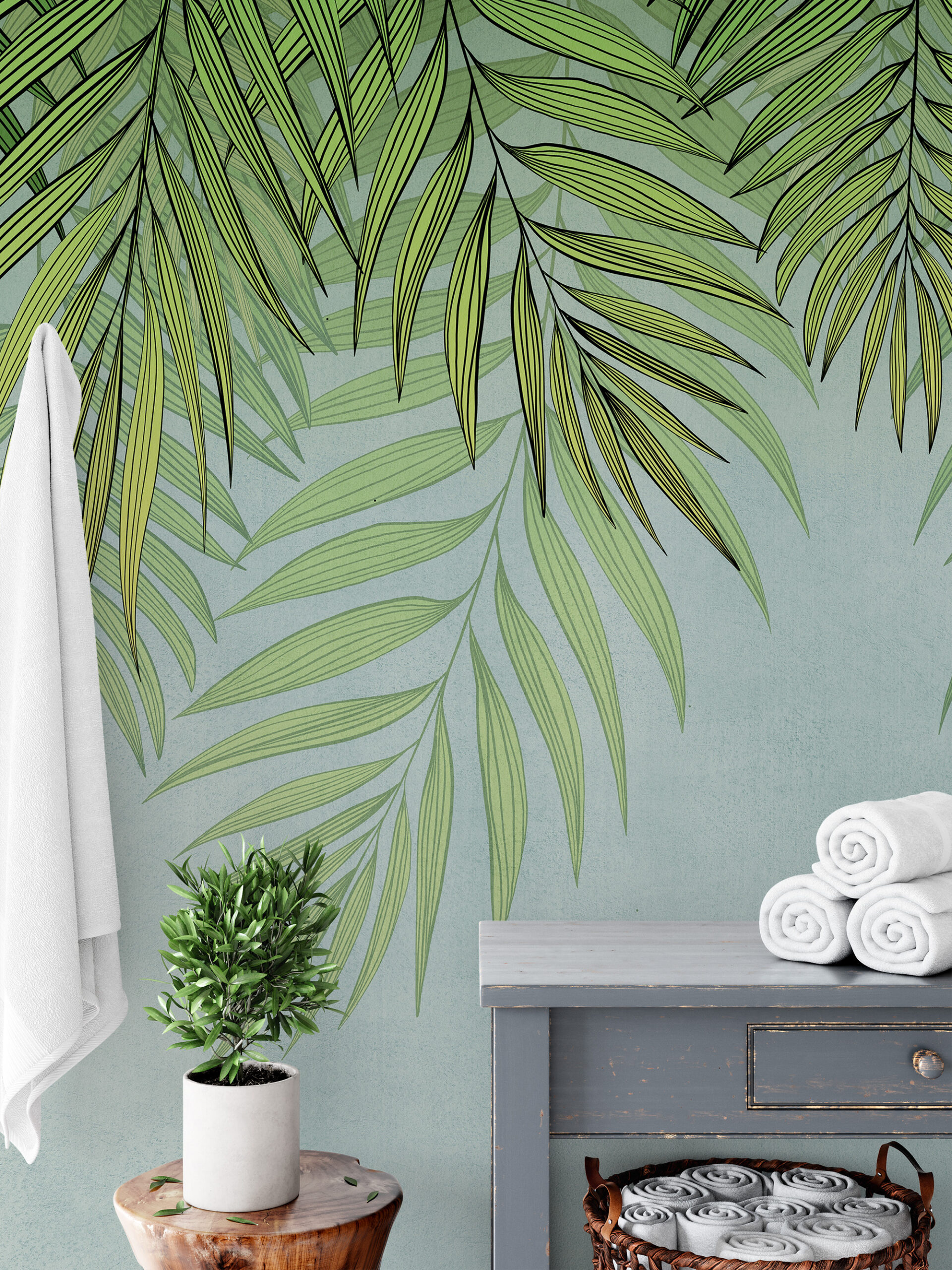 Modern Green Cascading Tropical Palm Leaves Peel and Stick Wallpaper, Botanical Bathroom Wall Mural