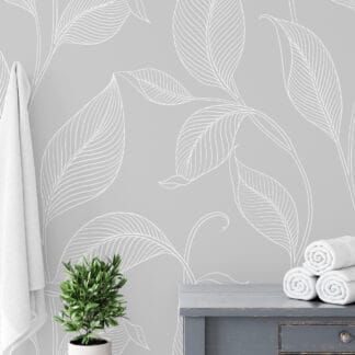 Modern Grey and White Botanical Leaf Line Art Peel and Stick Wallpaper, Minimalist Nature Bathroom Wall Mural