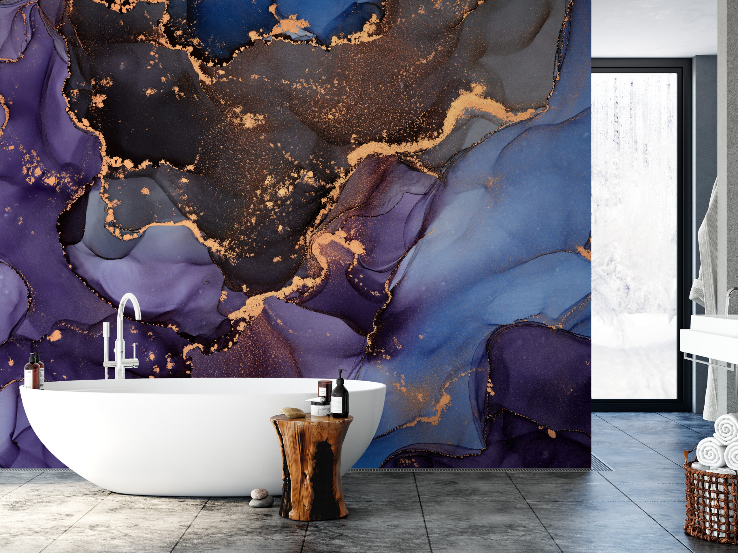 Luxury Purple and Navy Alcohol Ink Peel and Stick Wallpaper, Abstract Gold Vein Wall Mural, Modern Artistic Interior Decor